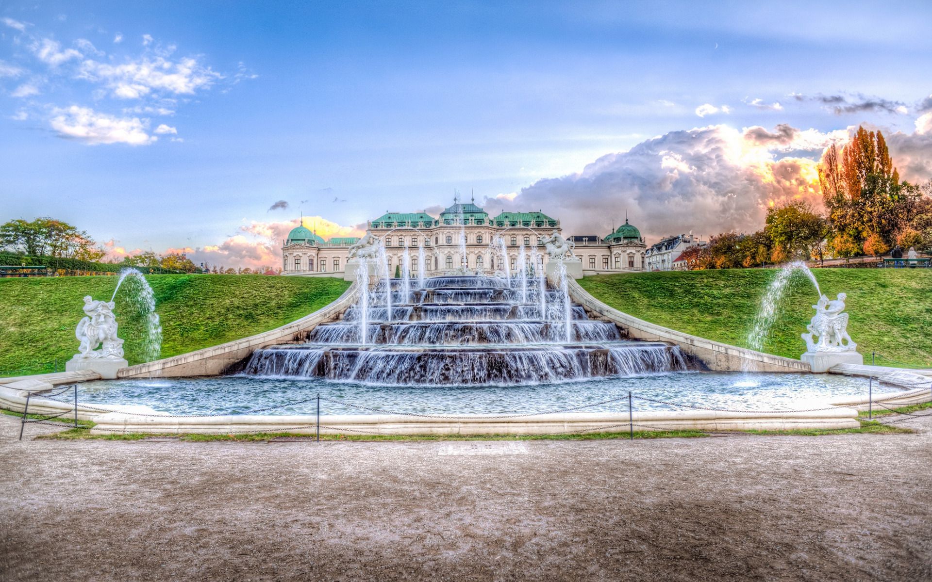 Download wallpaper Belvedere, Vienna, fountain, evening, sunset, beautiful palace, autumn, Vienna landmark, Austria, Baroque palace for desktop with resolution 1920x1200. High Quality HD picture wallpaper