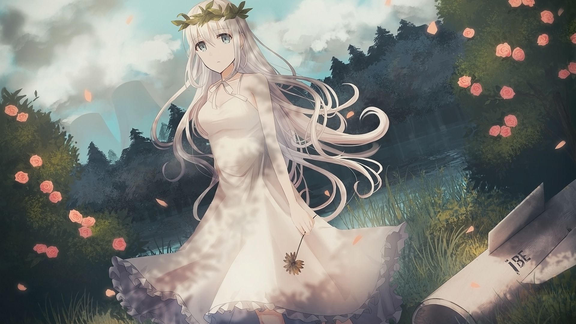 Desktop Wallpaper White Hairs, Anime Girl, Flower Crown, Outdoor, HD Image, Picture, Background, 04aa3c