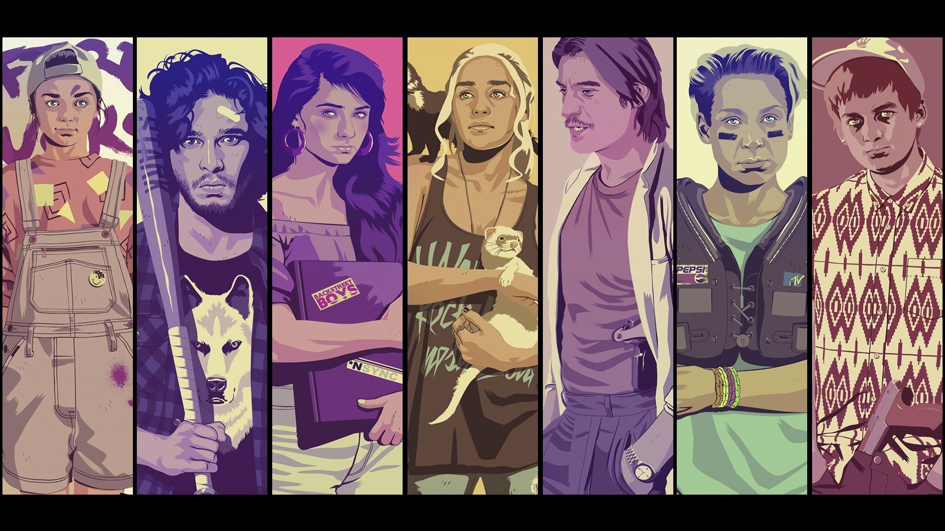 retro, collage, Game of Thrones, TV Series, Jon Snow, Sansa Stark, Arya Stark, Daenerys Targaryen, Joffrey Baratheon, Jamie Lannister, Brienne of Tarth wallpaper