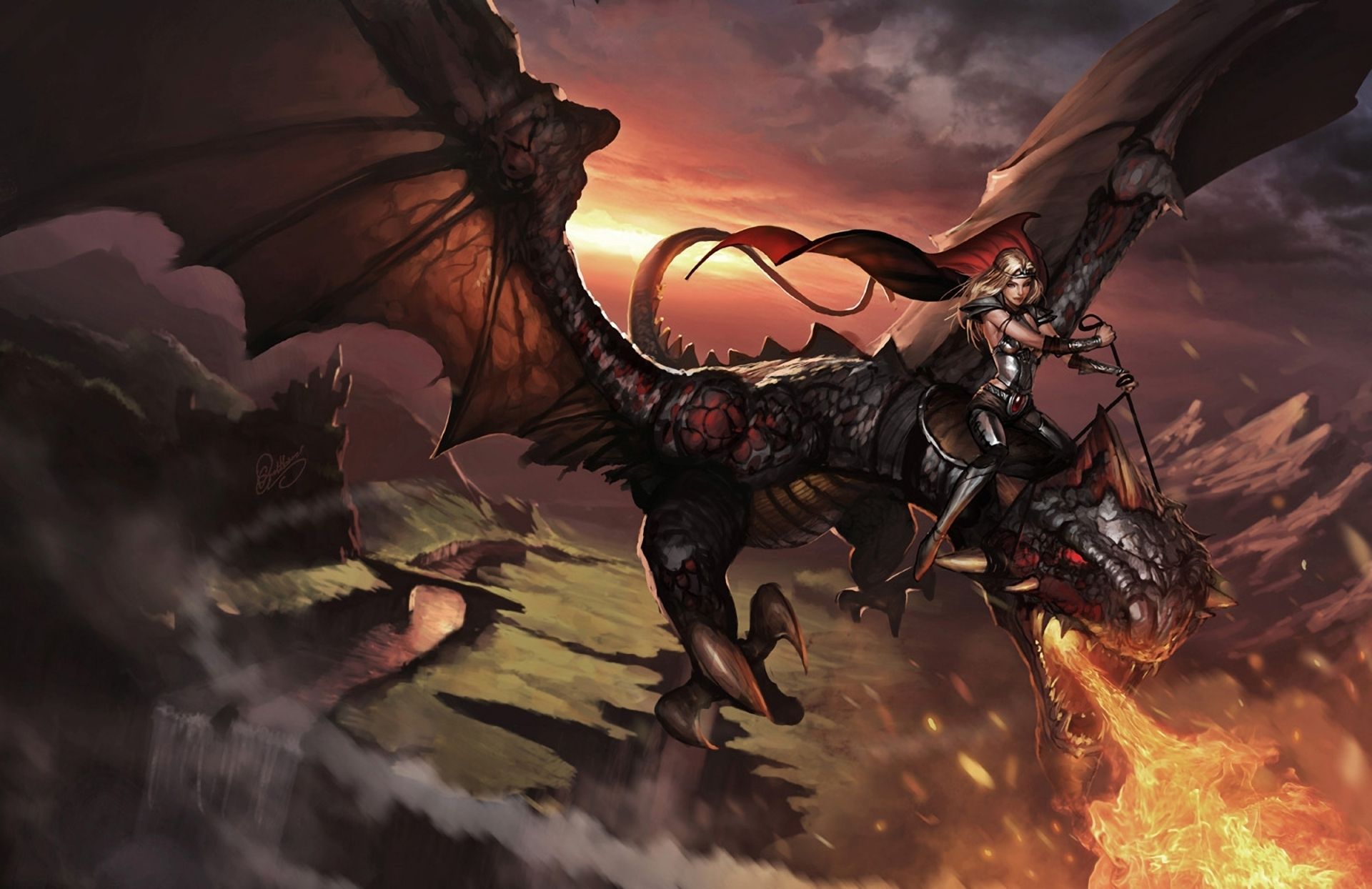 Art dragon girl in the sky fire cape riding rider canyon river bridge wallpaperx1244