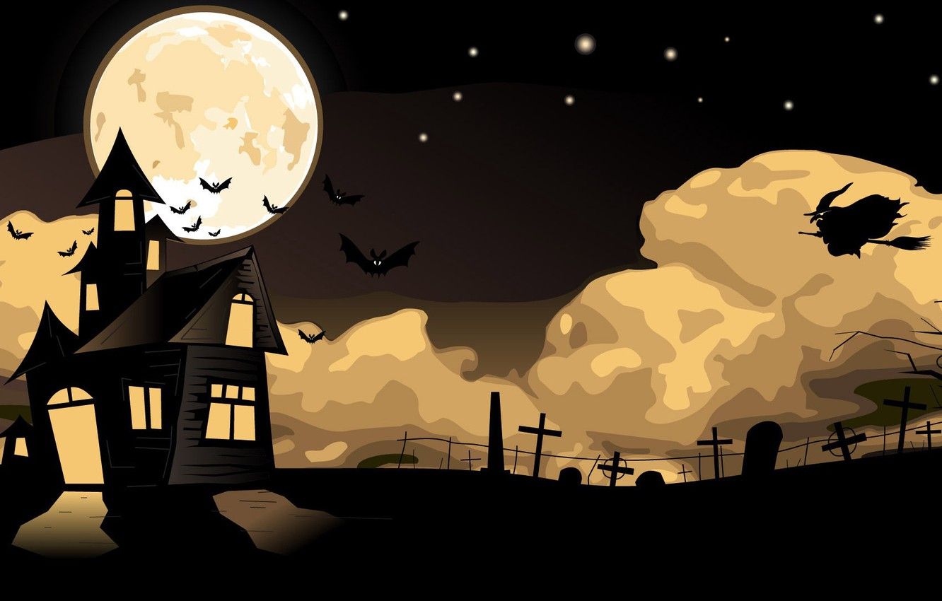 Wallpaper Halloween, moon, house, holidays, flying, cemetery, fear, bats, witch, scary image for desktop, section праздники