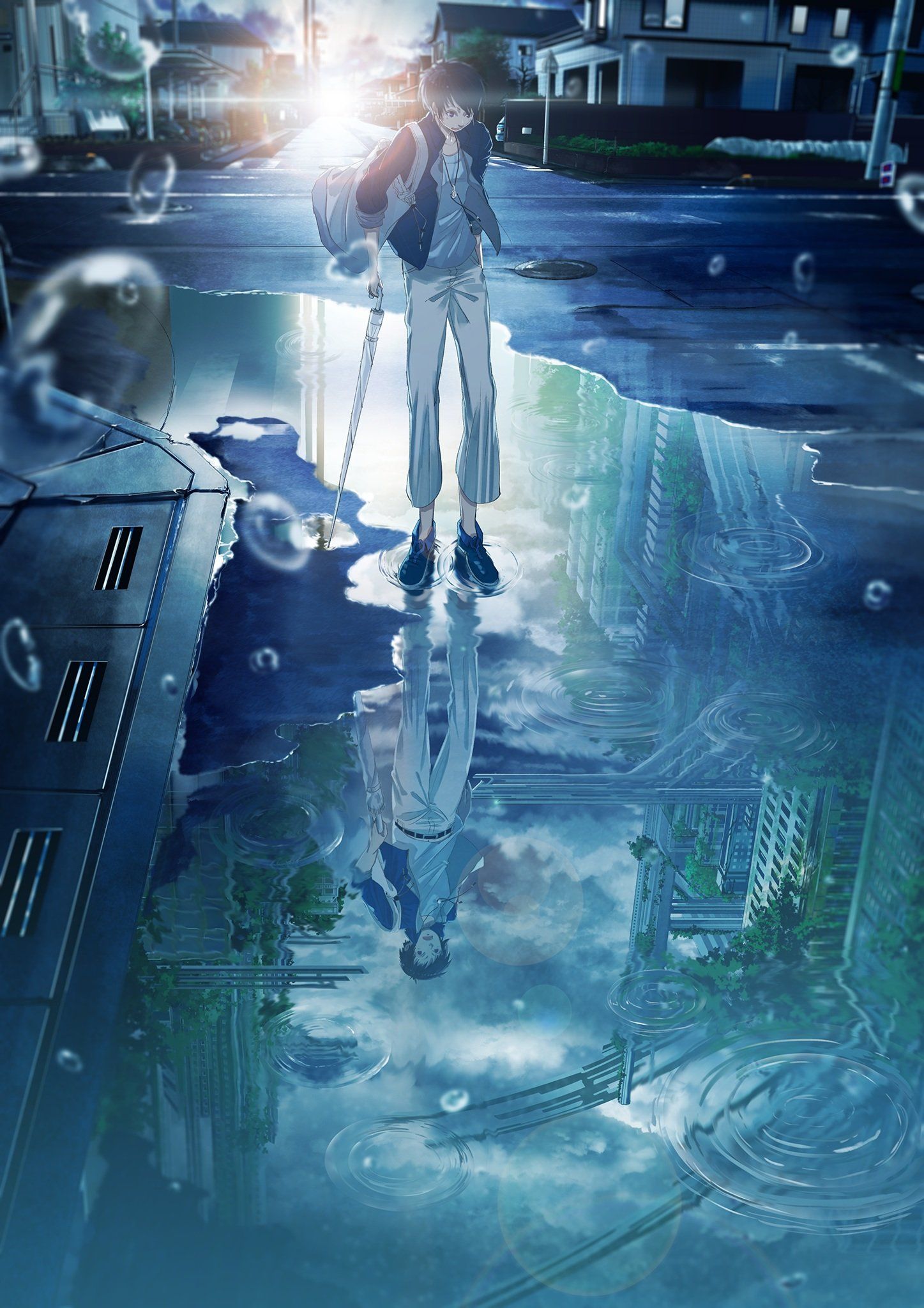 Anime blue rain boy landscape male wallpaperx2047