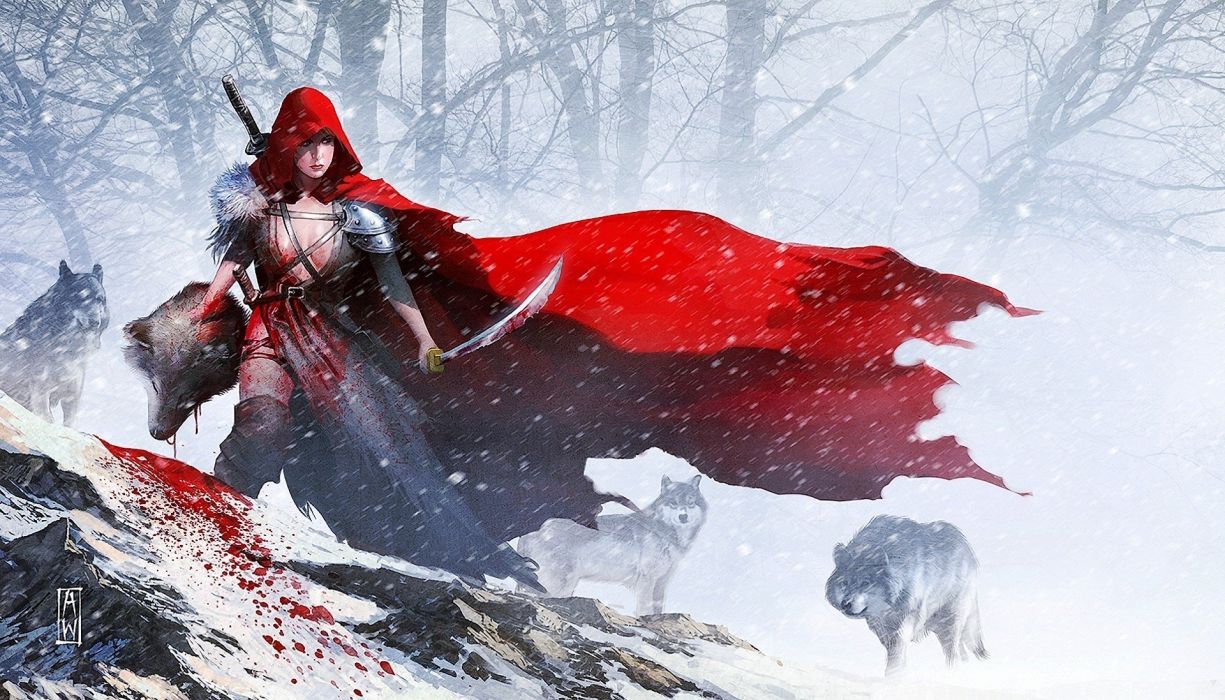 Arts warrior sword red hood wolves snow girls wallpaperx1097