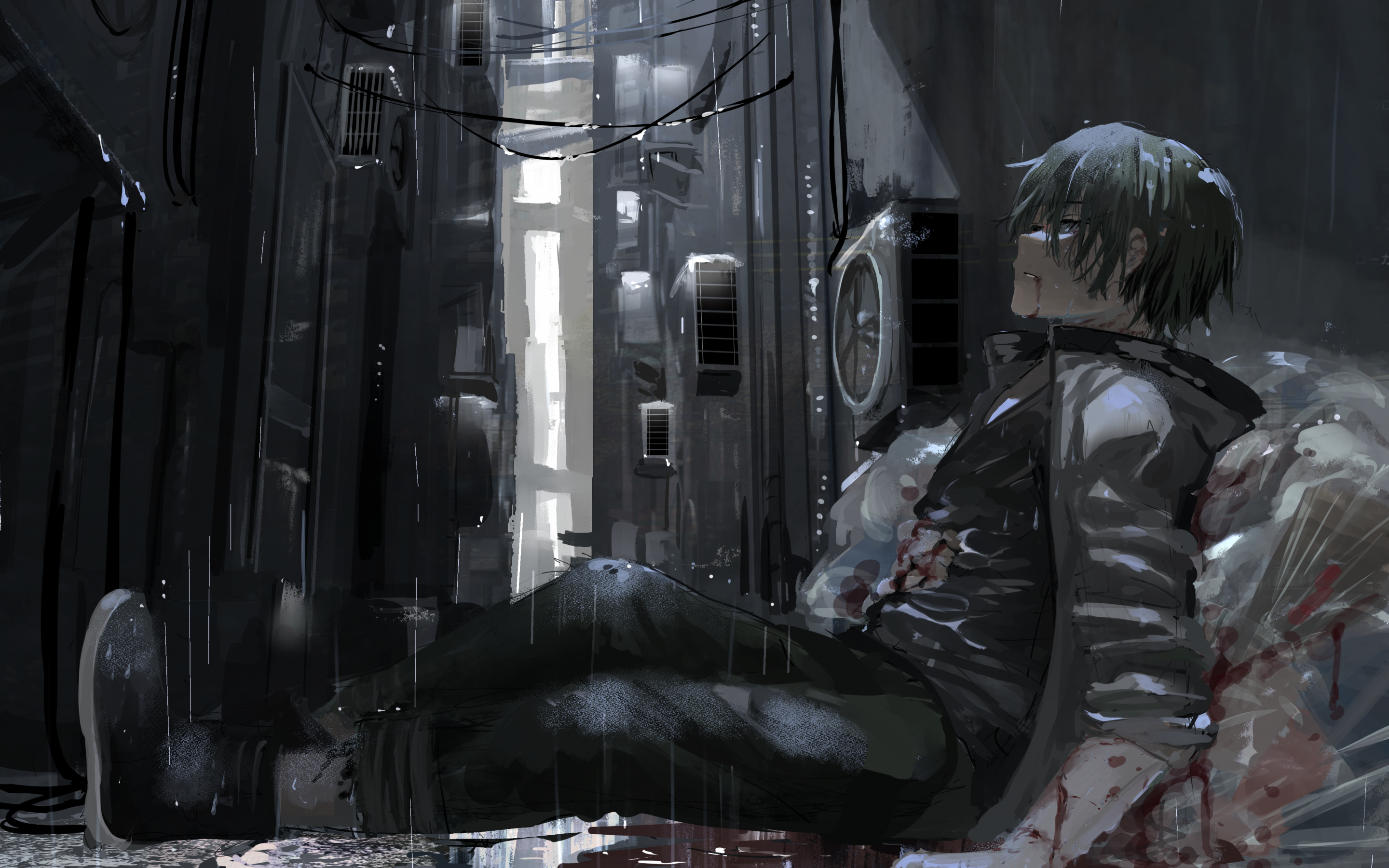 Download 2880x1800 Anime Boy, Darkness, Lonely, Raining, Sadness, After Fight Wallpaper For MacBook Pro 15 Inch