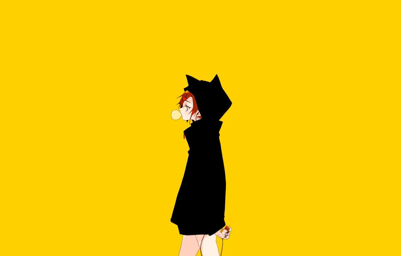 Wallpaper girl, minimalism, hood, bubble, cloak, yellow background, gum, cat ears image for desktop, section прочее