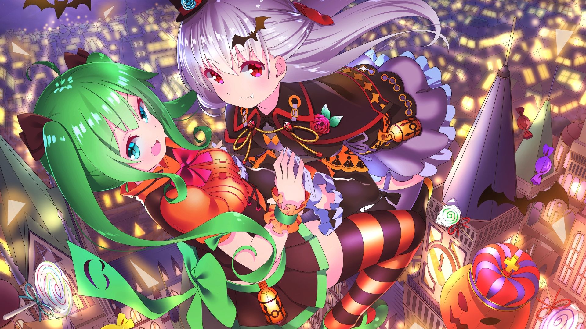Desktop Wallpaper Witches, Flying Over City, Anime, Halloween, HD Image, Picture, Background, F40684