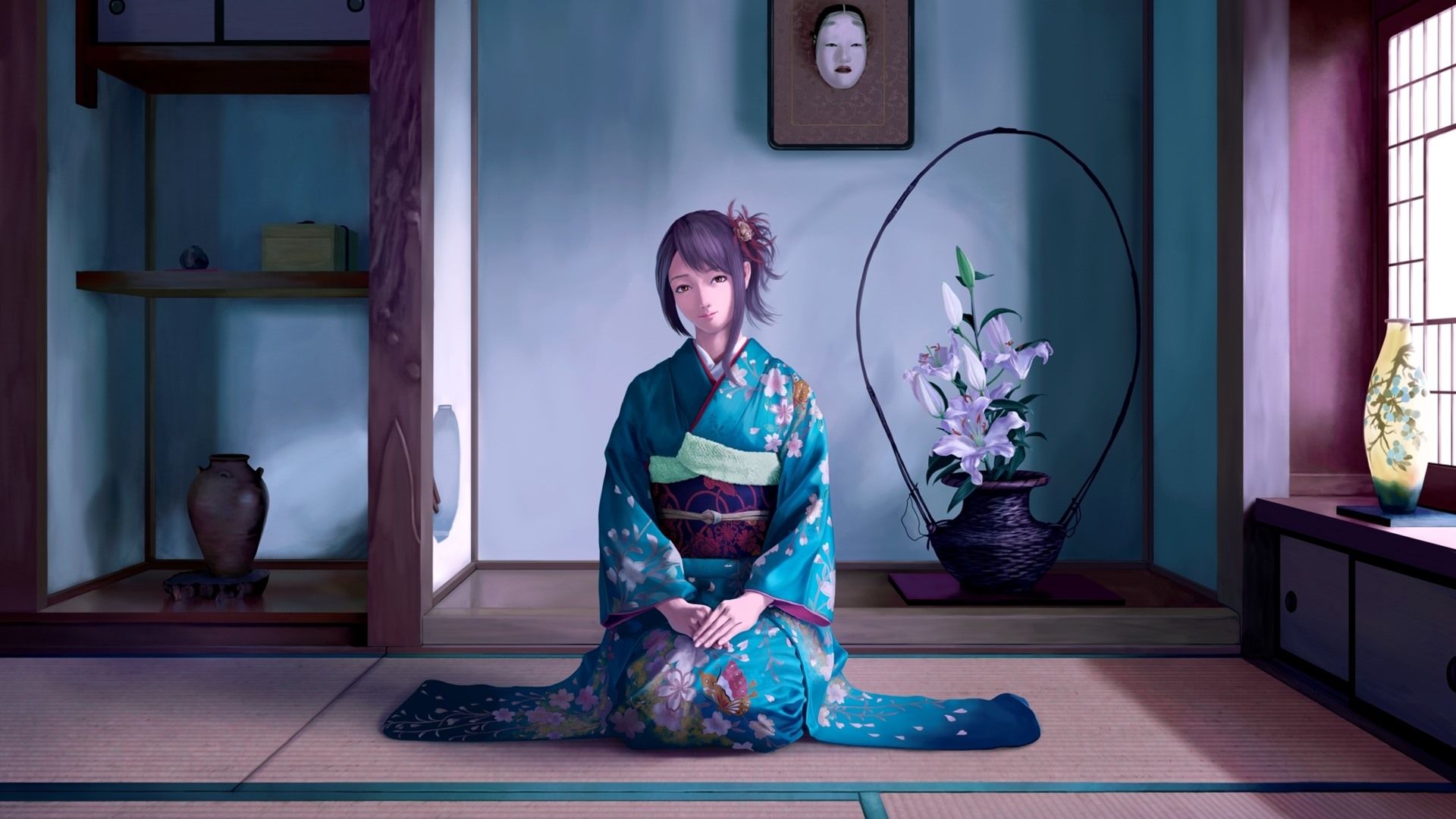 Wallpaper Beautiful Japanese anime girl, blue kimono, room 1920x1440 HD Picture, Image
