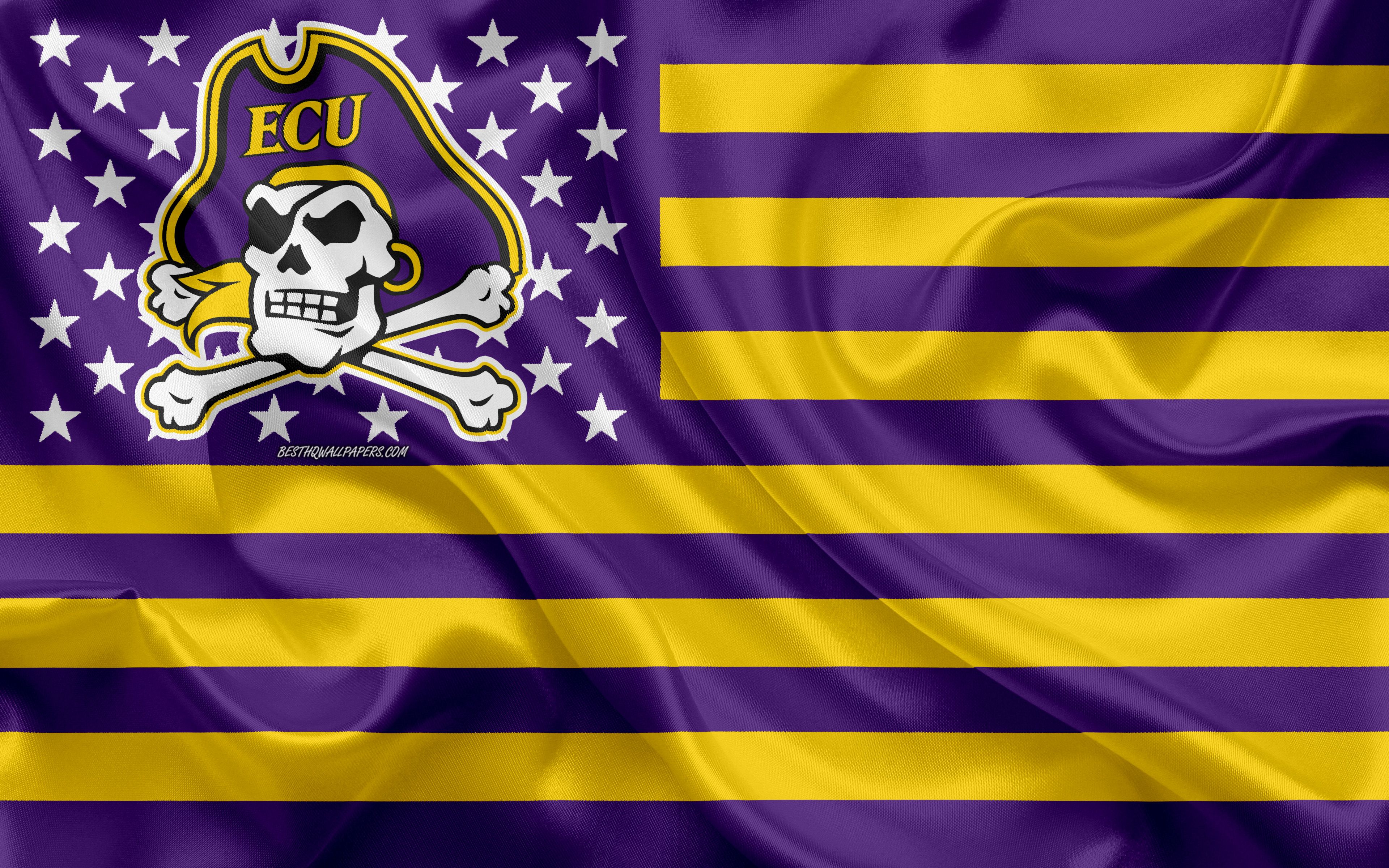 Download wallpaper East Carolina Pirates, American football team, creative American flag, purple yellow flag, NCAA, Greenville, North Carolina, USA, East Carolina Pirates logo, emblem, silk flag, American football for desktop with resolution