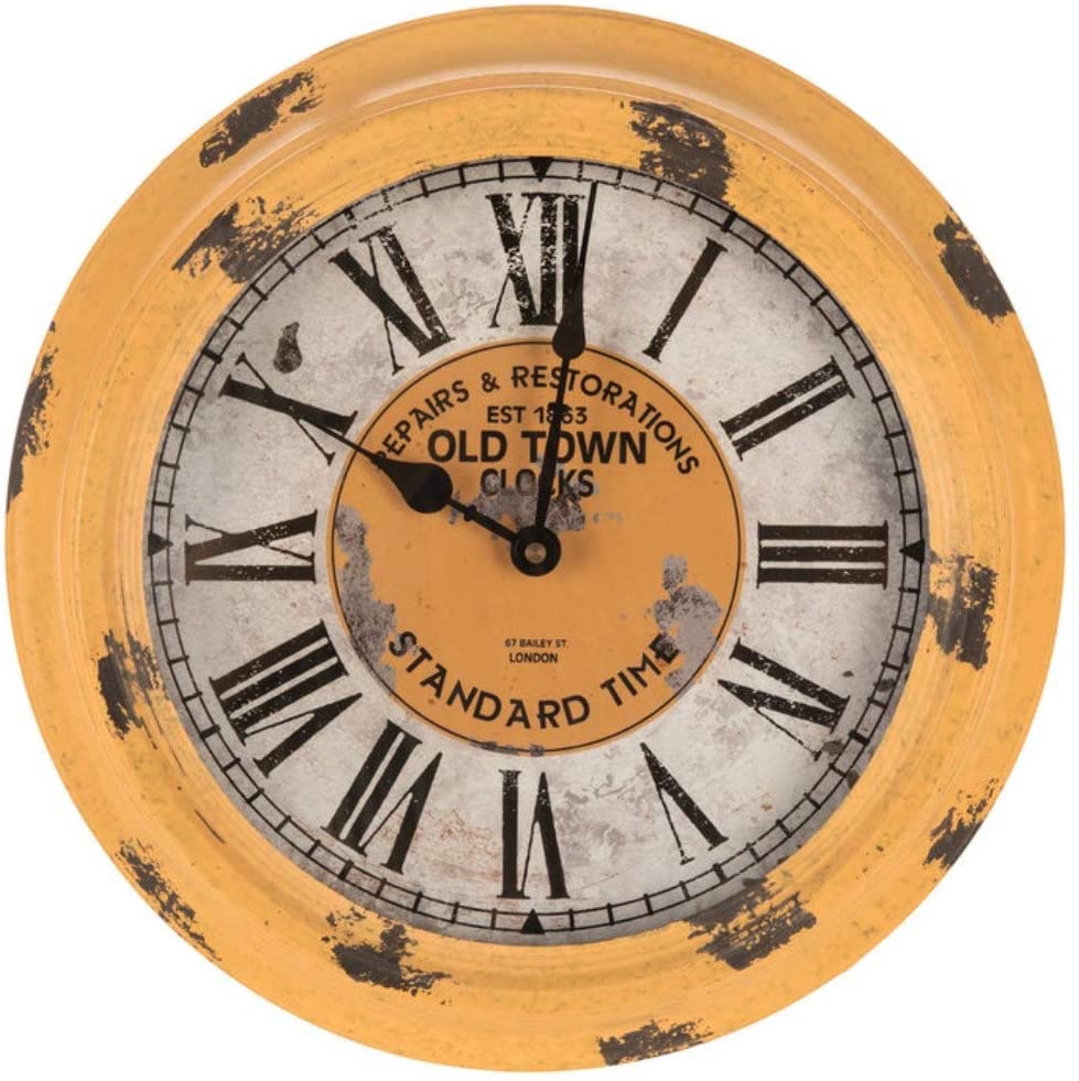 Antique Yellow Round Old Town Metal Wall Clock: Home & Kitchen