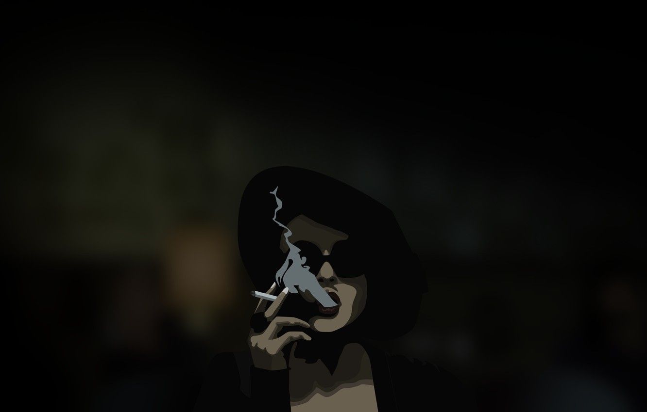 Wallpaper girl, grey, background, black, shadow, blur, hat, ring, glasses, cigarette, black, smokes, woman image for desktop, section минимализм