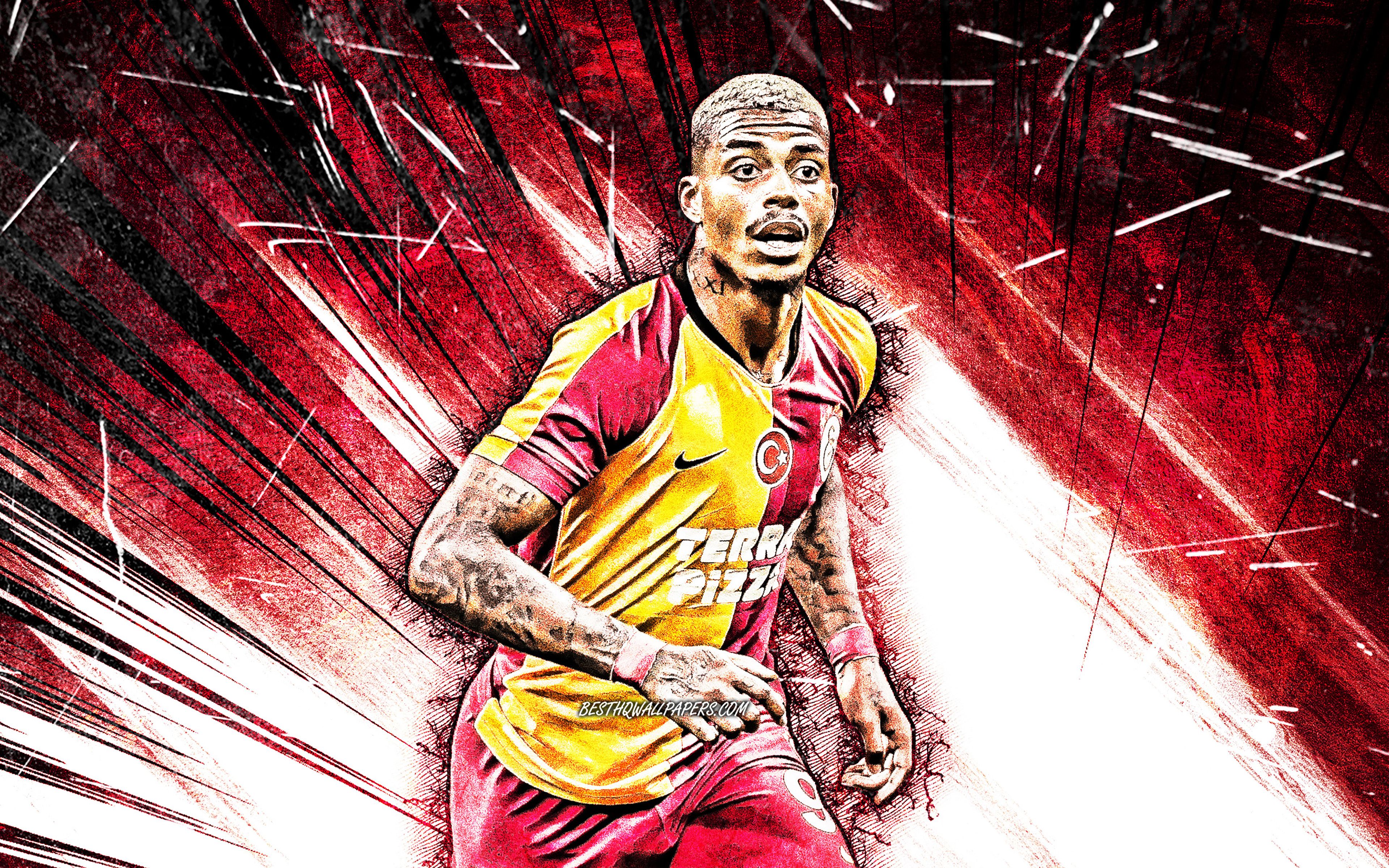 Download wallpaper 4K, Mario Lemina, grunge art, Galatasaray SK, Gabonese footballers, soccer, forward, Turkish Super Lig, Galatasaray FC, Mario Rene Junior Lemina, footaball, purple abstract rays, Mario Lemina Galatasaray for desktop with