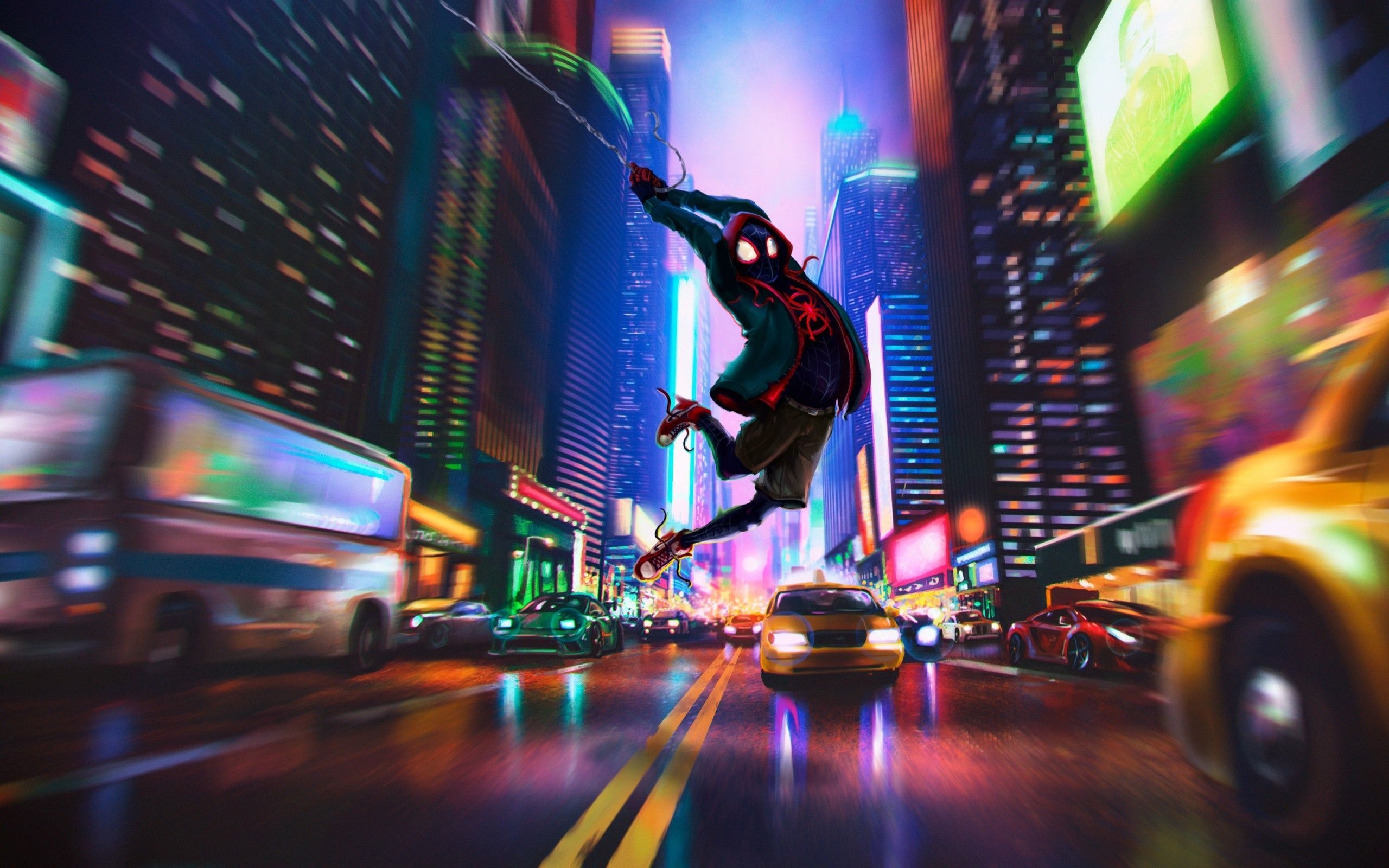 Download 2560x1600 Spider Man: Into The Spider Verse, New York, Urban, Night, Vehicles, Animation, Artwork Wallpaper For MacBook Pro 13 Inch