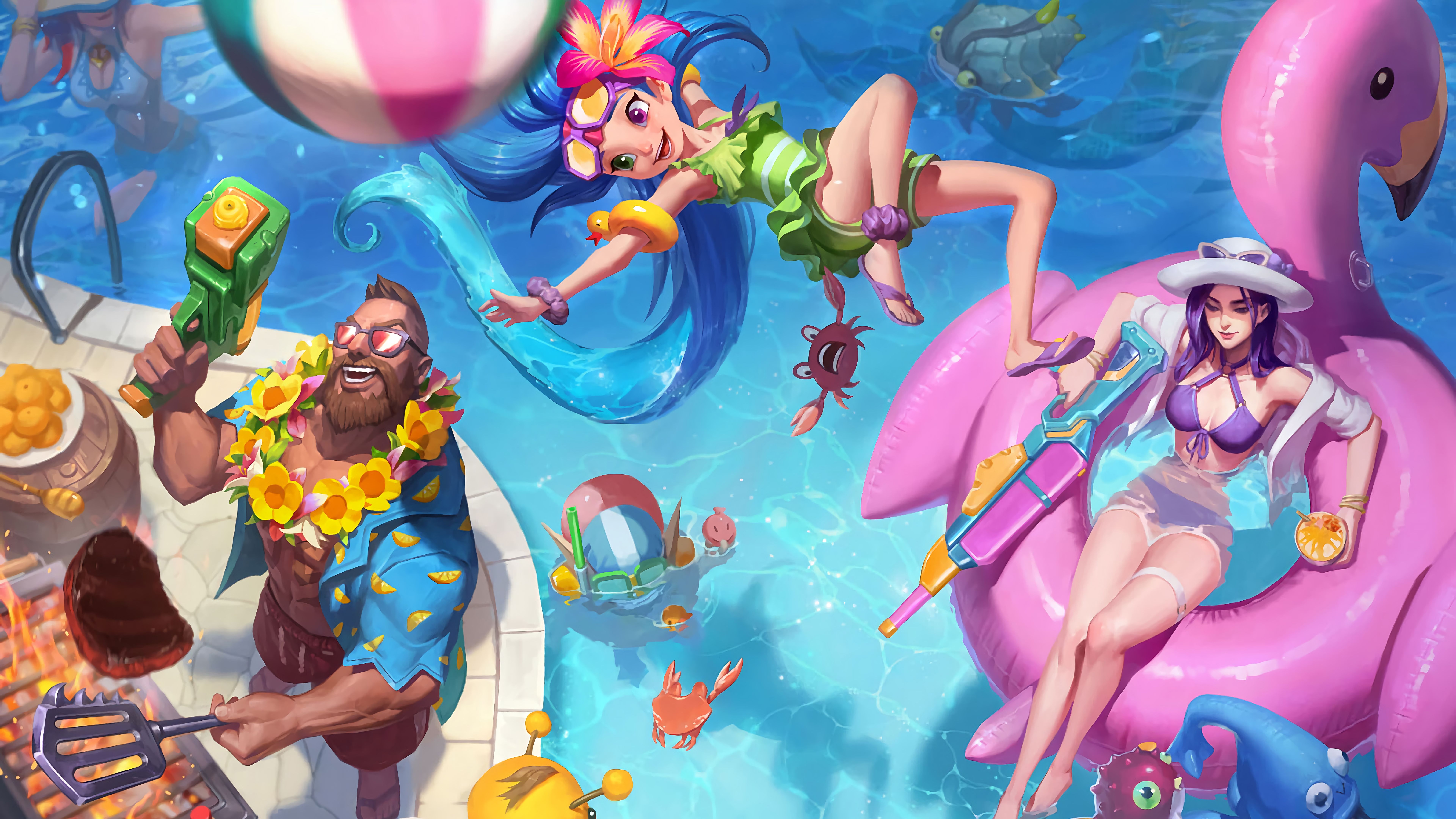 Wallpaper 4k Pool Party Zoe Caitlyn Gangplank Splash Art LoL League of Legends lol Caitlyn, Gangplank, league of legends, Pool Party of Legends, Zoe