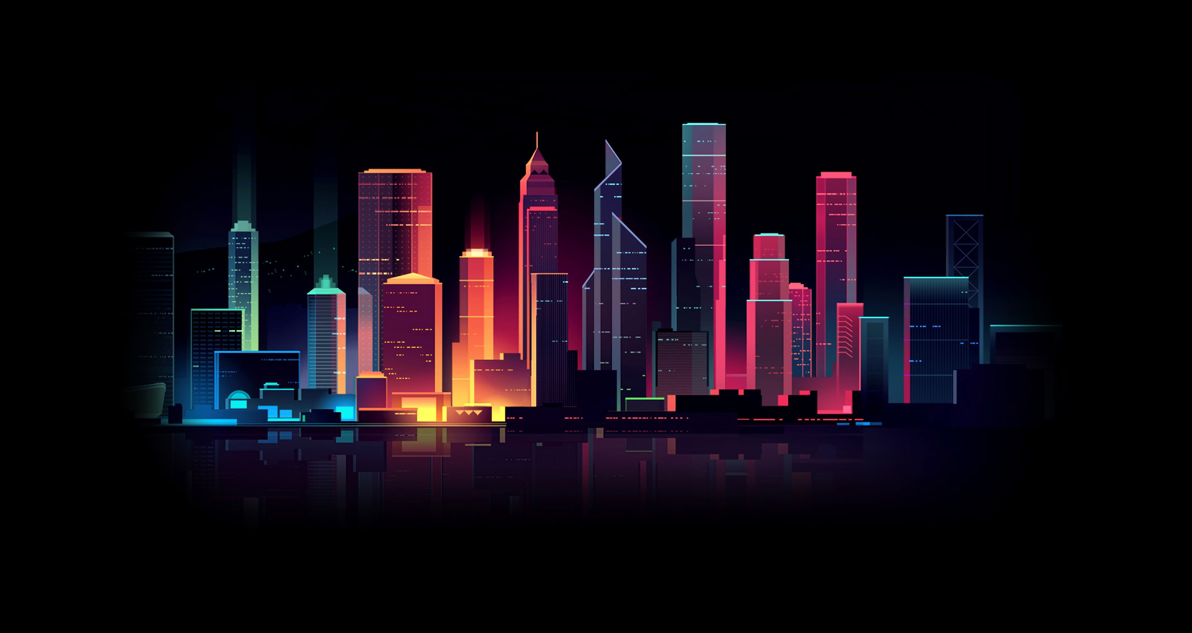 Home #Minimalism #Night #Vector The city #Light #Style #Building #Architecture #Art #Style #Neon #Lighting #Illustration #Retrowave #Synthwave Romain Trystram