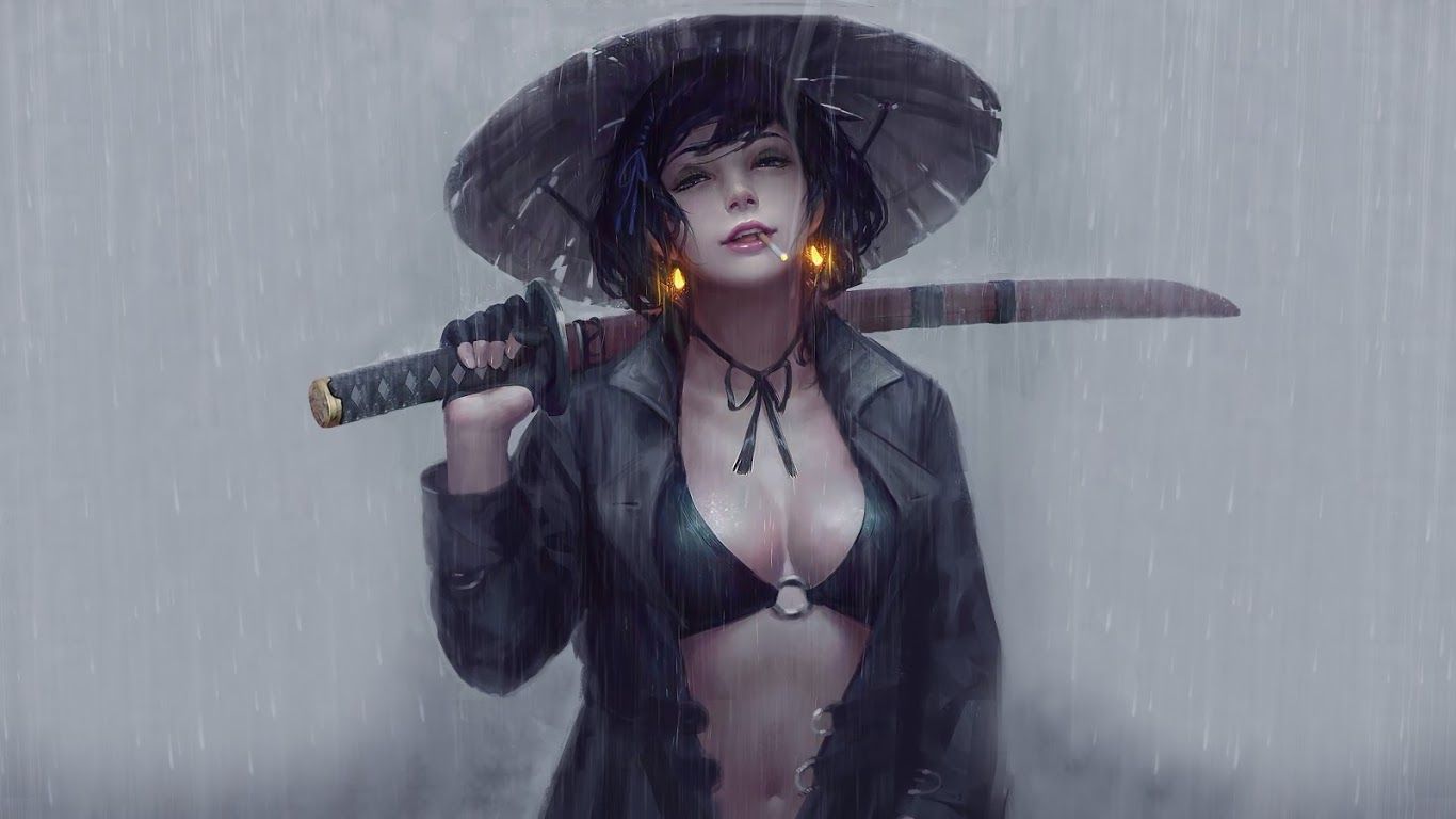 Samurai Girl Katana Smoking 4K Wallpaper