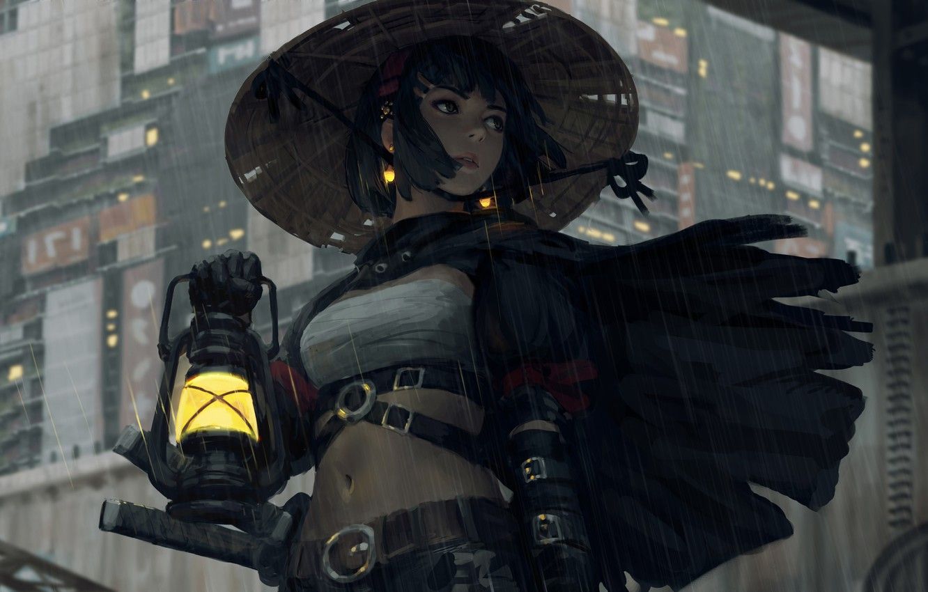 Wallpaper girl, sword, fantasy, rain, hat, katana, samurai, digital art, artwork, warrior, building, fantasy art, lantern, gloves, bandage, earrings image for desktop, section фантастика