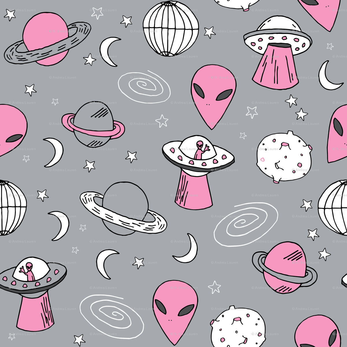 Ufos // Pink And Grey Ufo Alien Spaceship Planets Fabric Alien Wallpaper & Background Download
