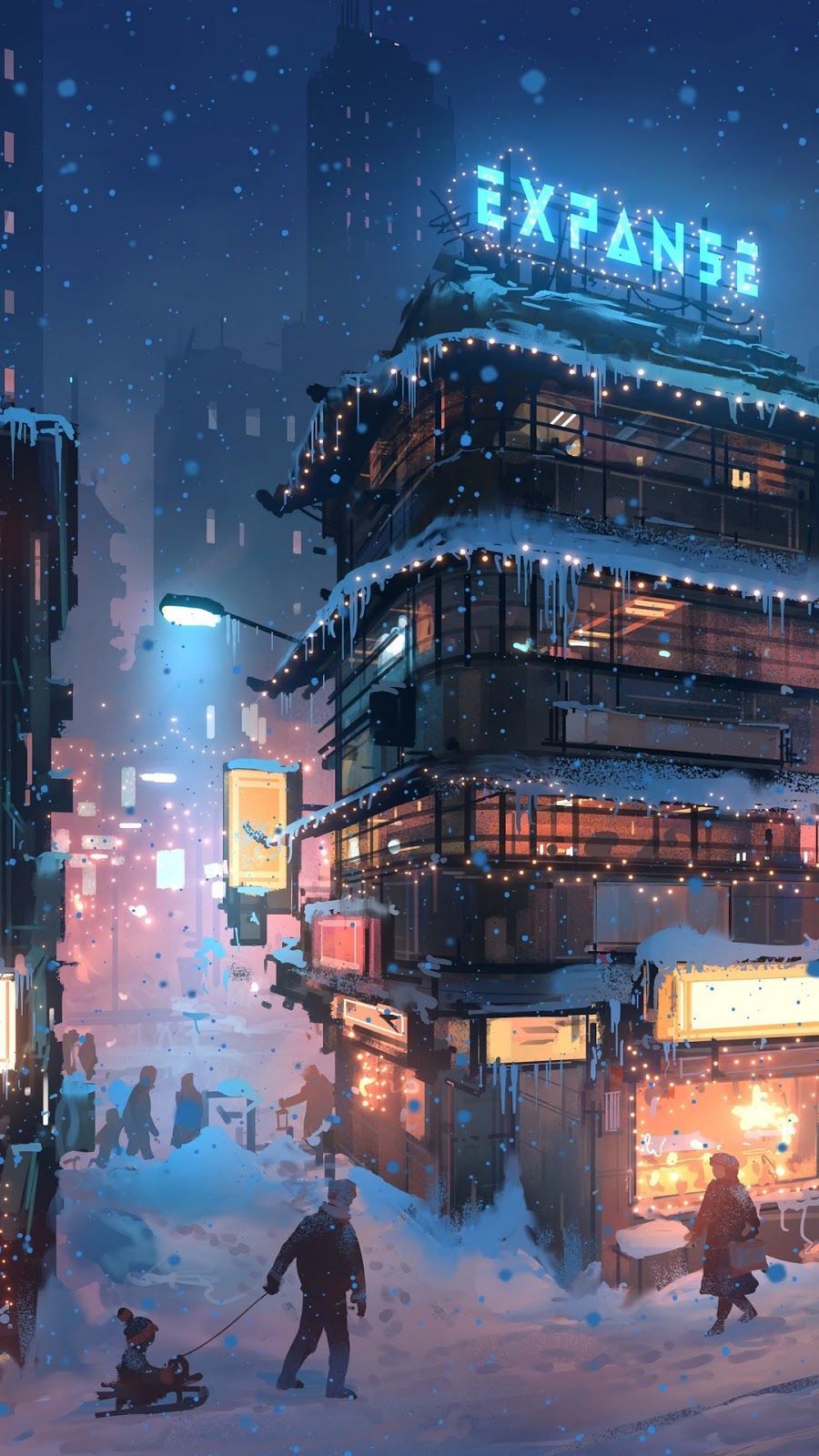 City winter digital art mobile wallpaper, snow, people. Futuristic city, Cyberpunk city, City background
