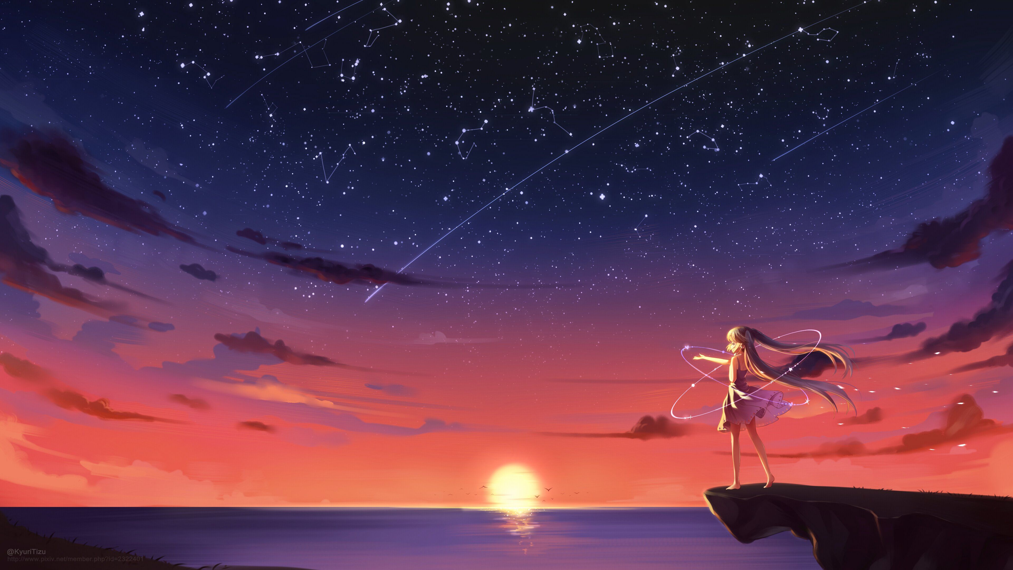 Anime Girl Barefoot Blonde Sky Stars Sunset 4k, HD Anime, 4k Wallpaper, Image, Background, Photo and Picture