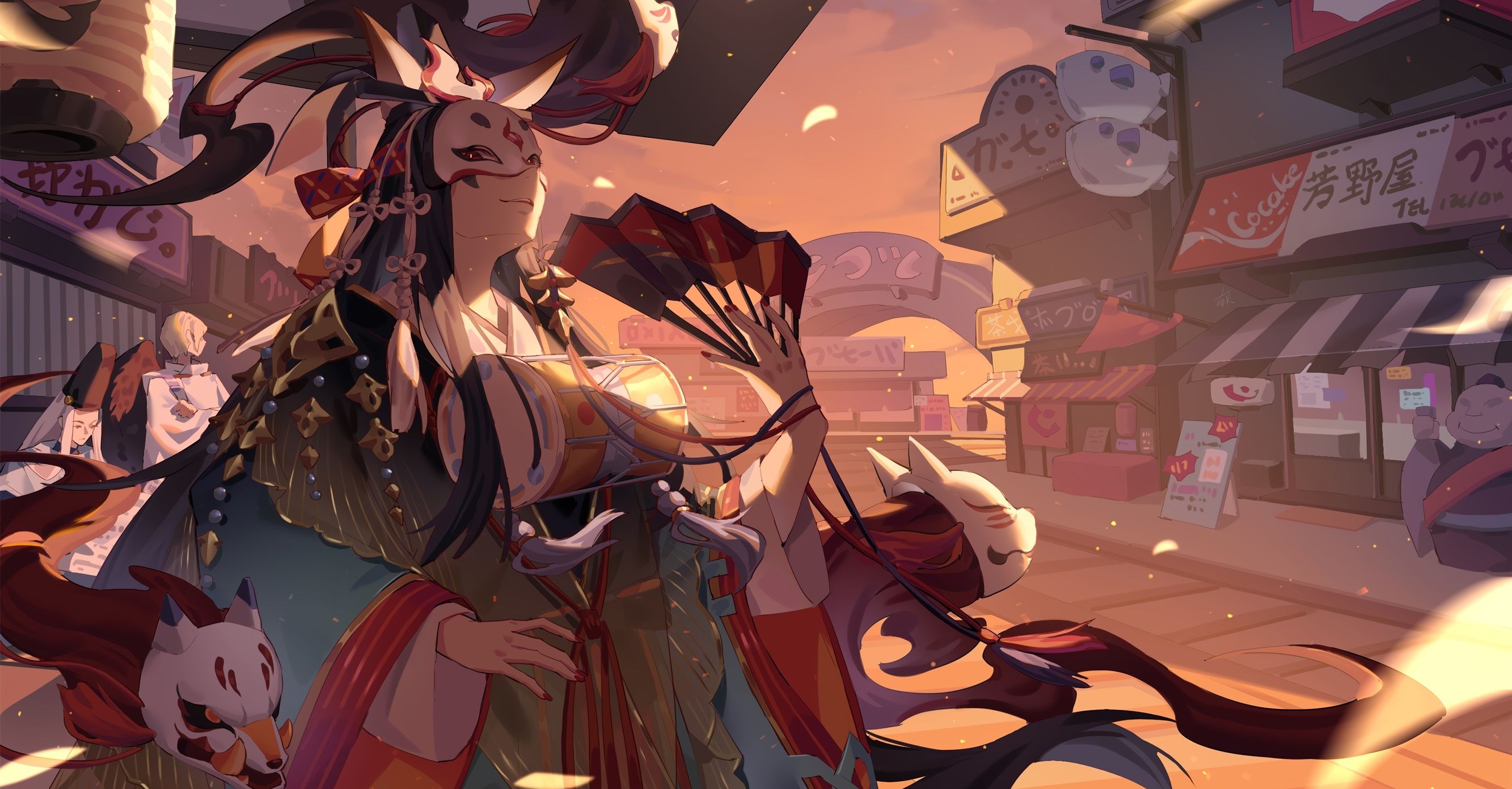 Download 2666x1391 Abe No Seimei, Onmyouji, Mask, Tamamo No Mae, Daitengu, Traditional Outfit Wallpaper