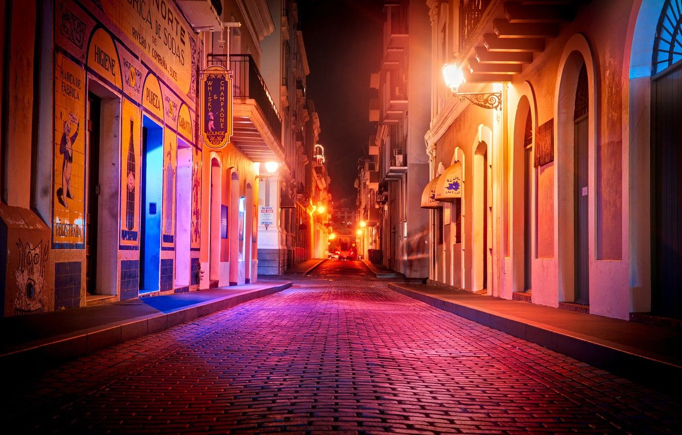 Wallpaper road, night, lights, street, home, lights, the sidewalk, Puerto Rico, San Juan image for desktop, section город