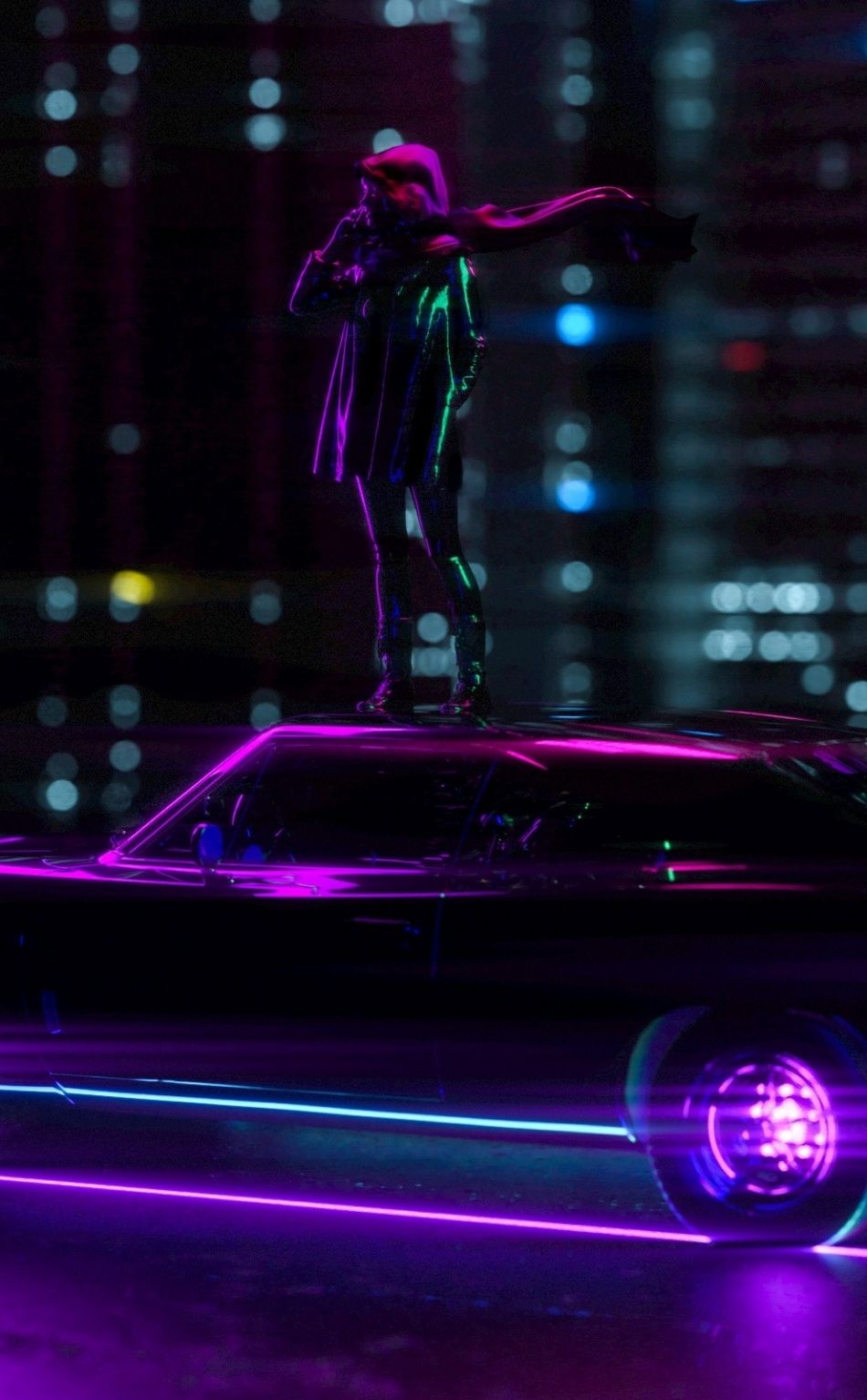 Girl Standing On Car, Light Trails, Neon, City, Wallpaper Car Wallpaper Phone