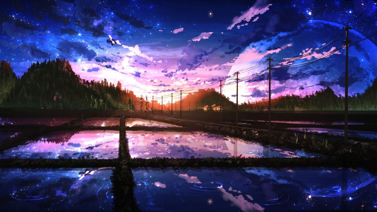 Digital artlandscape sunlight trees building clouds forest Moon night Nobody reflection sunset water anime wallpaperx1080