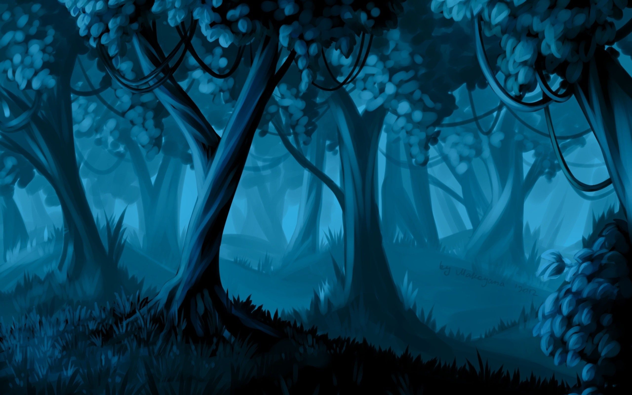 Blue forest in the night from the story. Drawings, Paintings, Sketches, Design, Artwork Wallpaper. HD Wall. Fantasy forest, Forest painting, Night forest