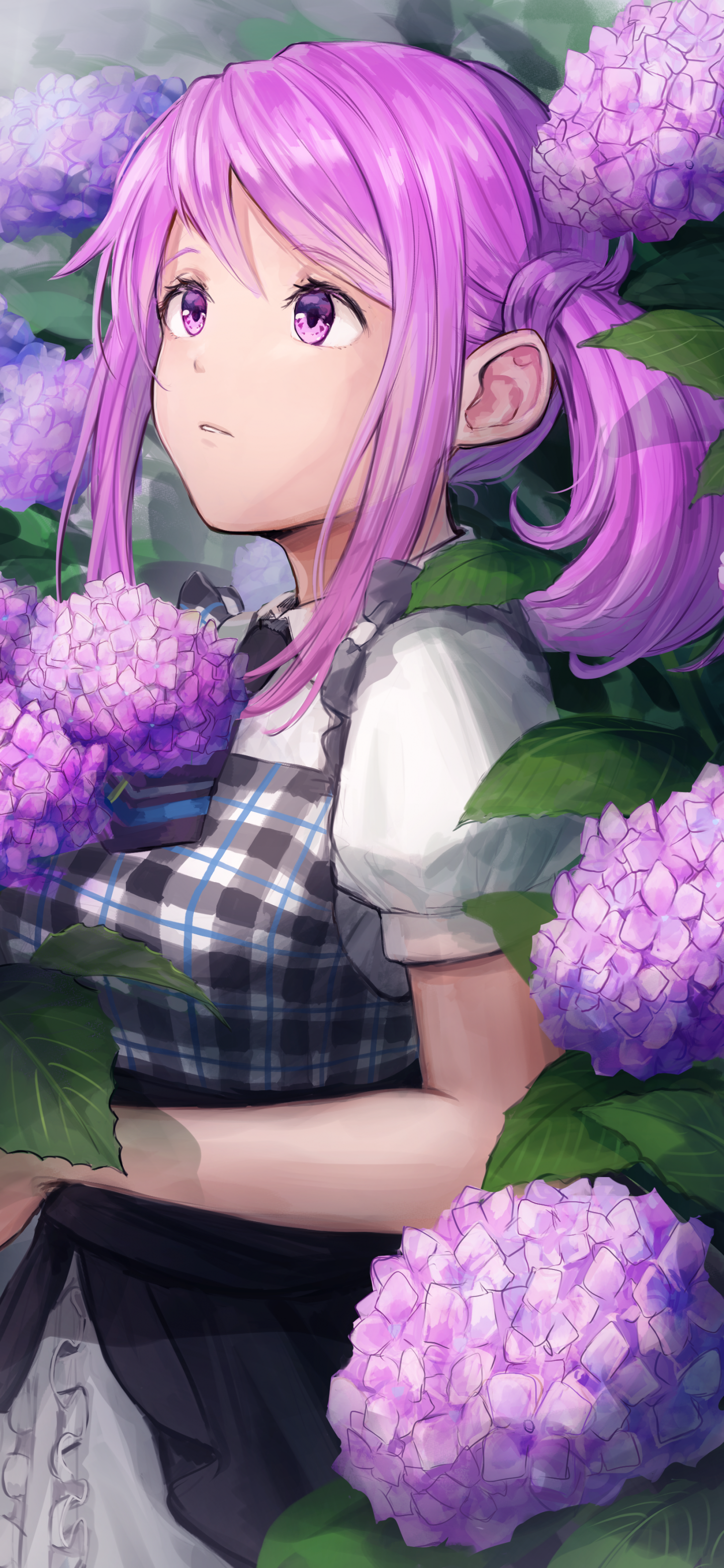 Download 1440x3120 Anime Girl, Purple Flowers, Cute, Profile View, Looking Away Wallpaper for Huawei Mate 20 Pro, LG G7 ThinQ, LG V40 ThinQ