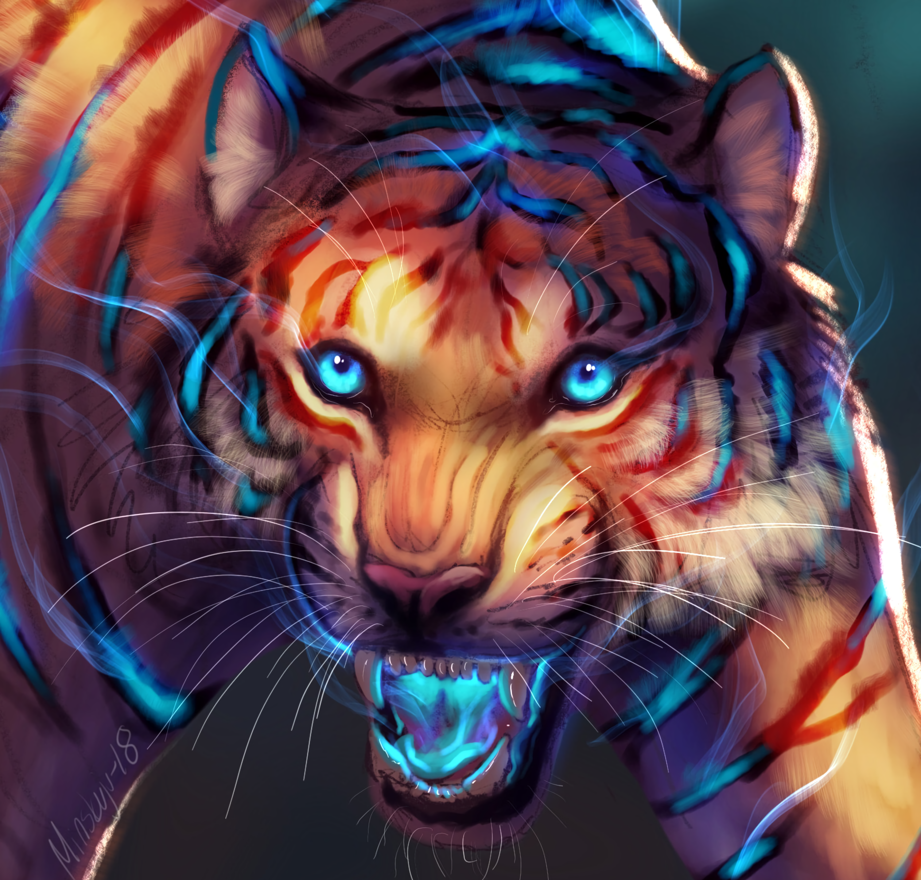 Download wallpaper 3000x2867 tiger, art, grin, glow, muzzle, predator HD background