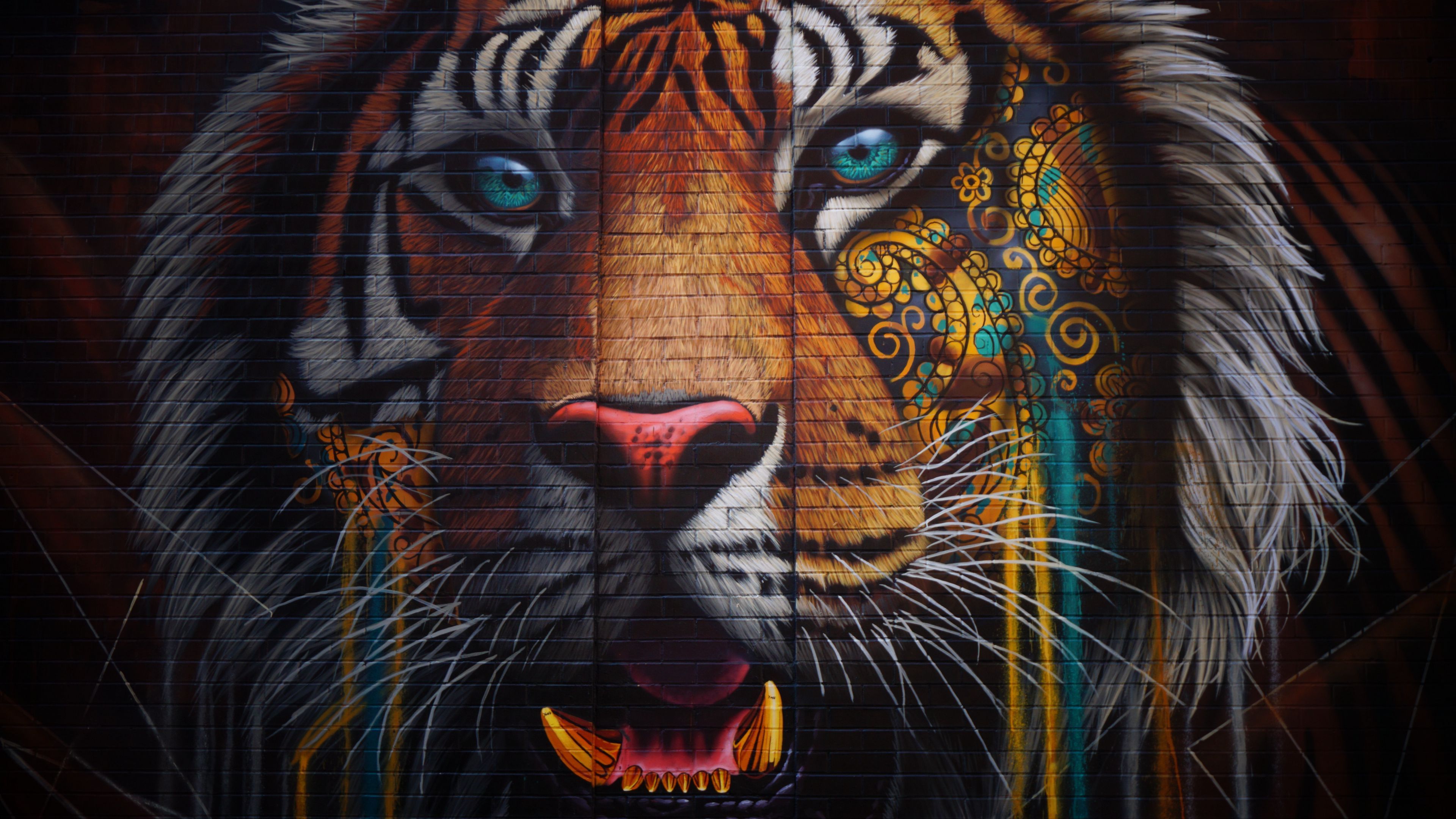 Download wallpaper 3840x2160 tiger, graffiti, street art, wall, colorful 4k uhd 16:9 HD background