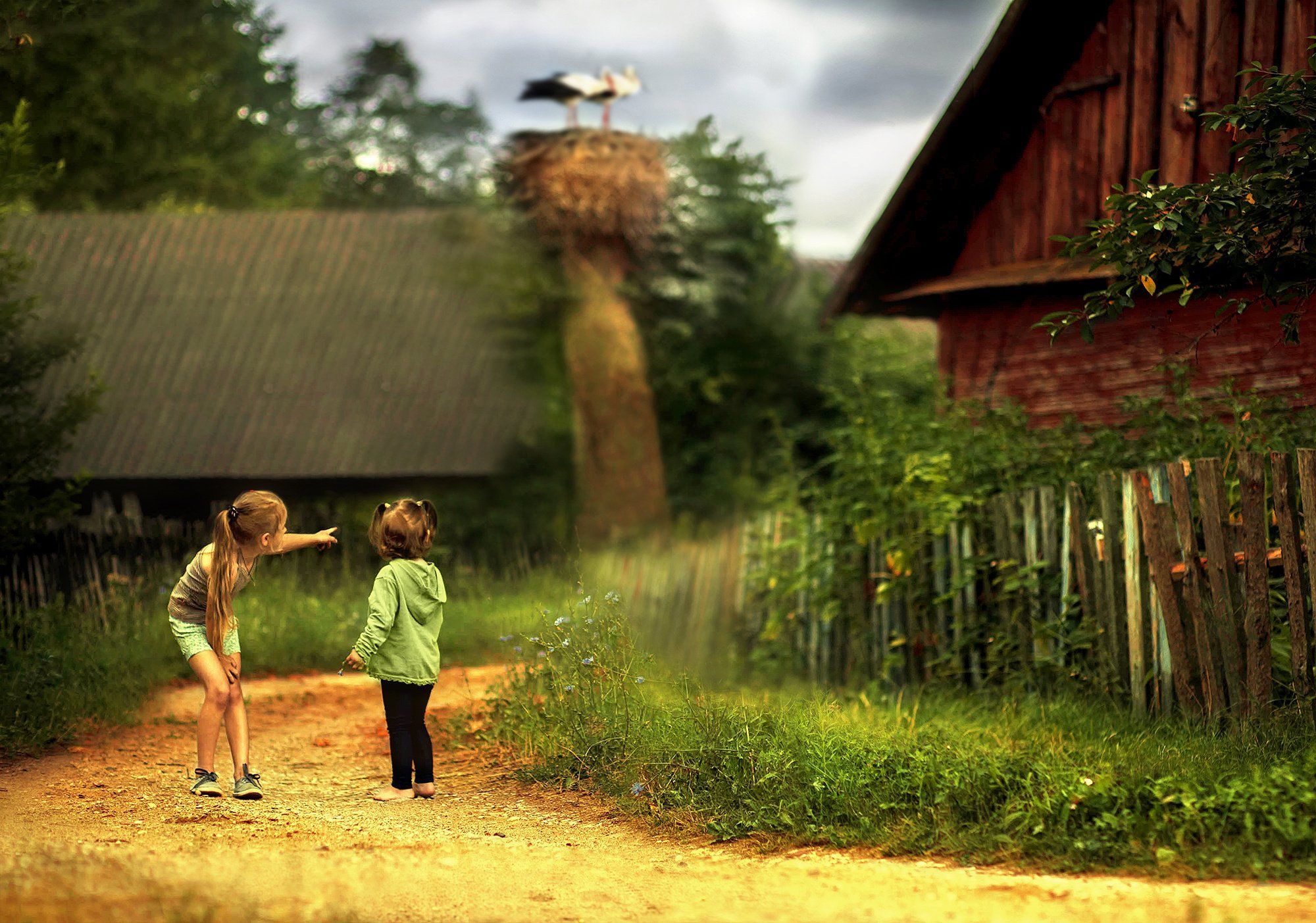 Sister street village cottage stork baby farm rustic girls wallpaperx1403