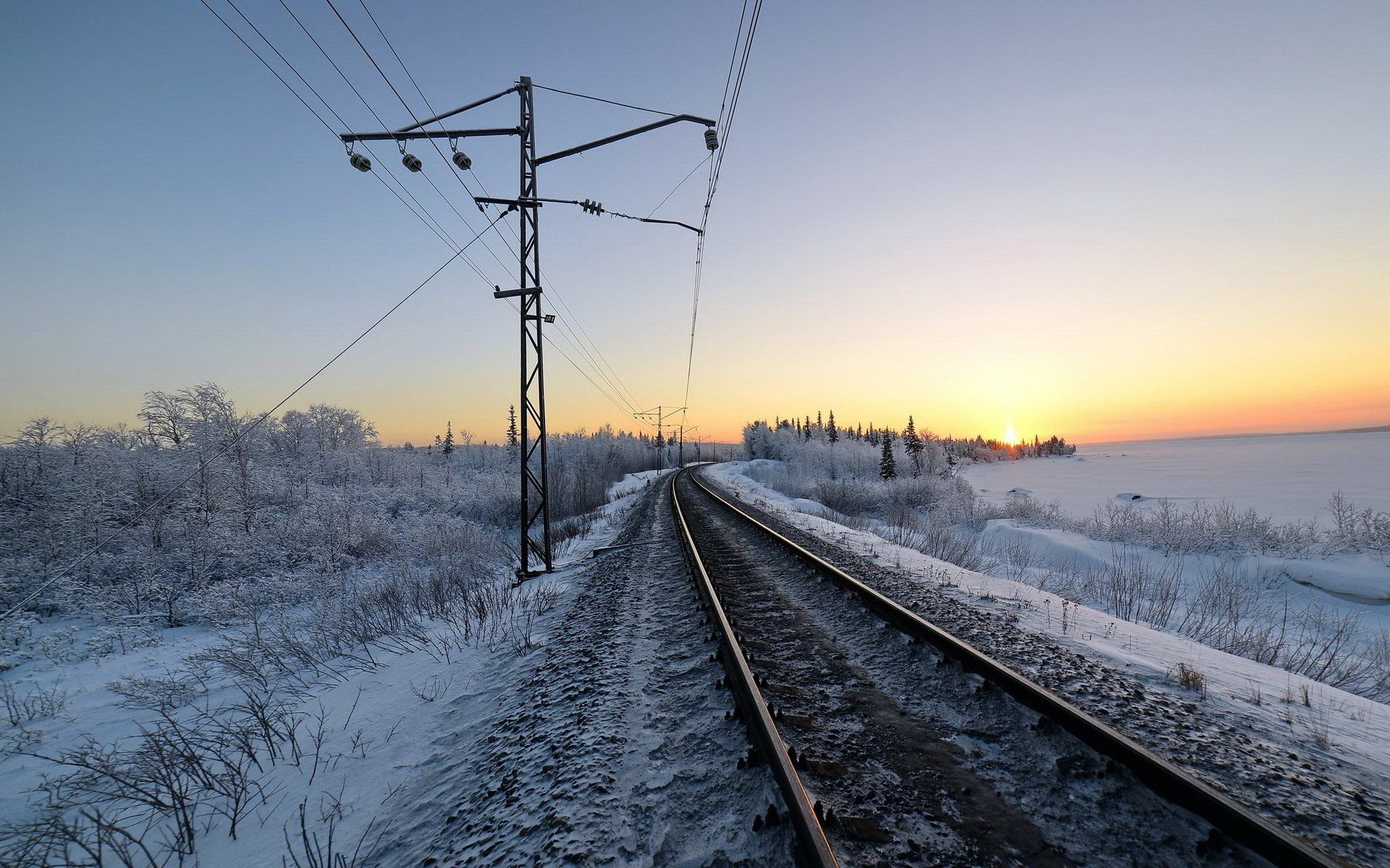 Railroad winter snow morning train tracks wallpaperx1200