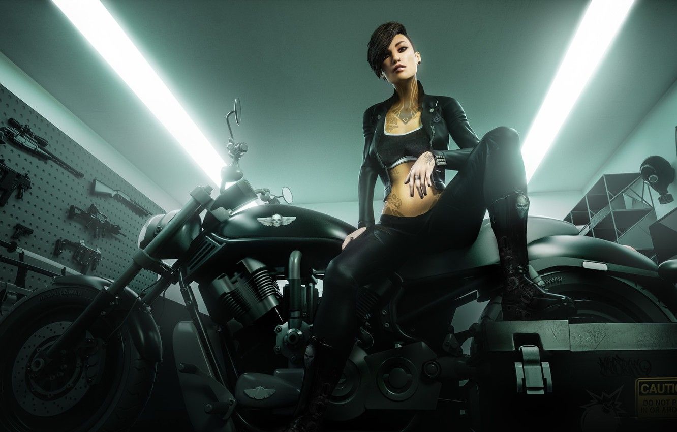 Wallpaper pose, weapons, woman, motorcycle, tattoo, badass girl image for desktop, section рендеринг