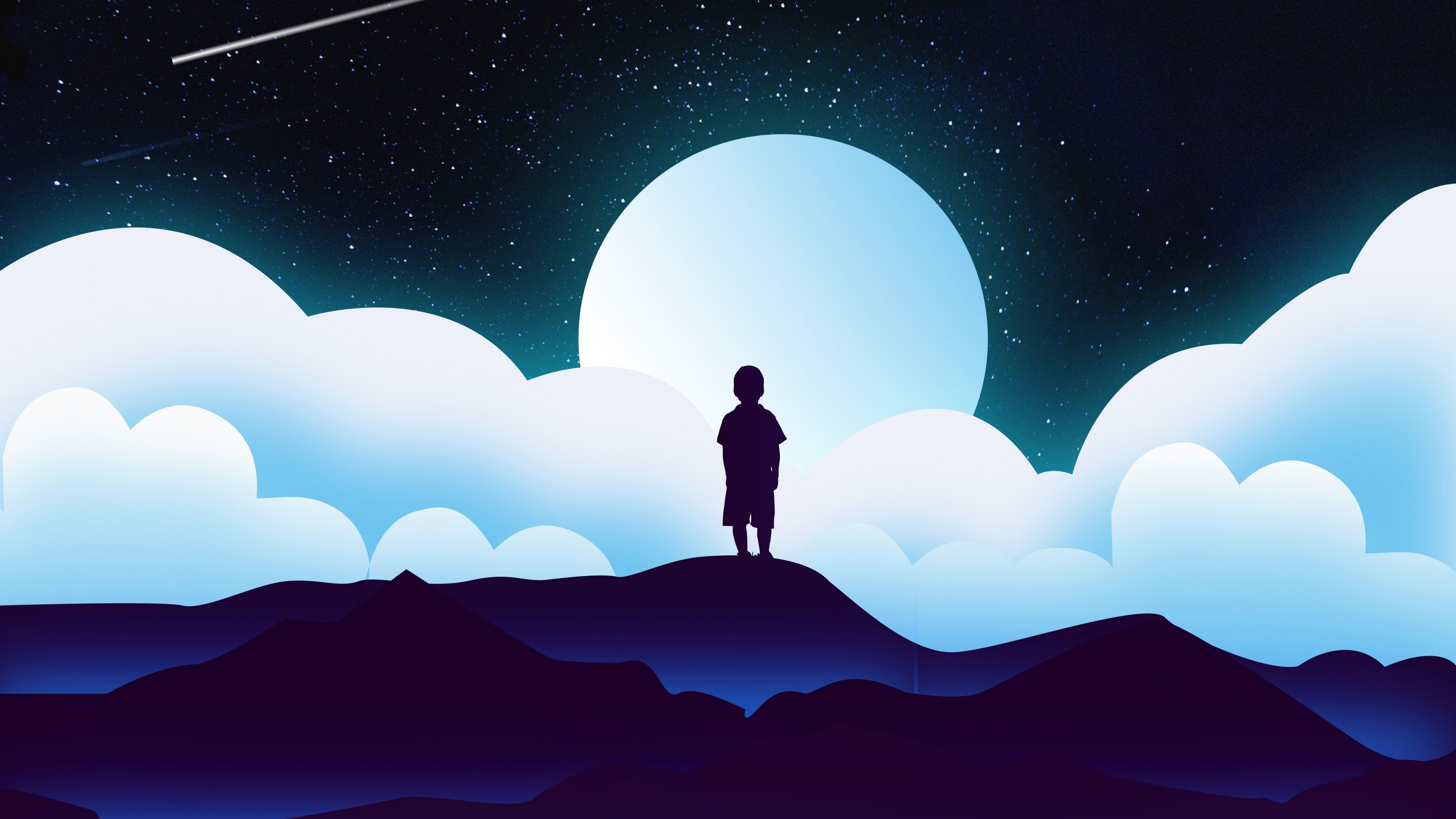 Boy 4K Wallpaper, Kid, Alone, Silhouette, Moon, Night, Clouds, Illustration, Starry sky, 5K, Fantasy
