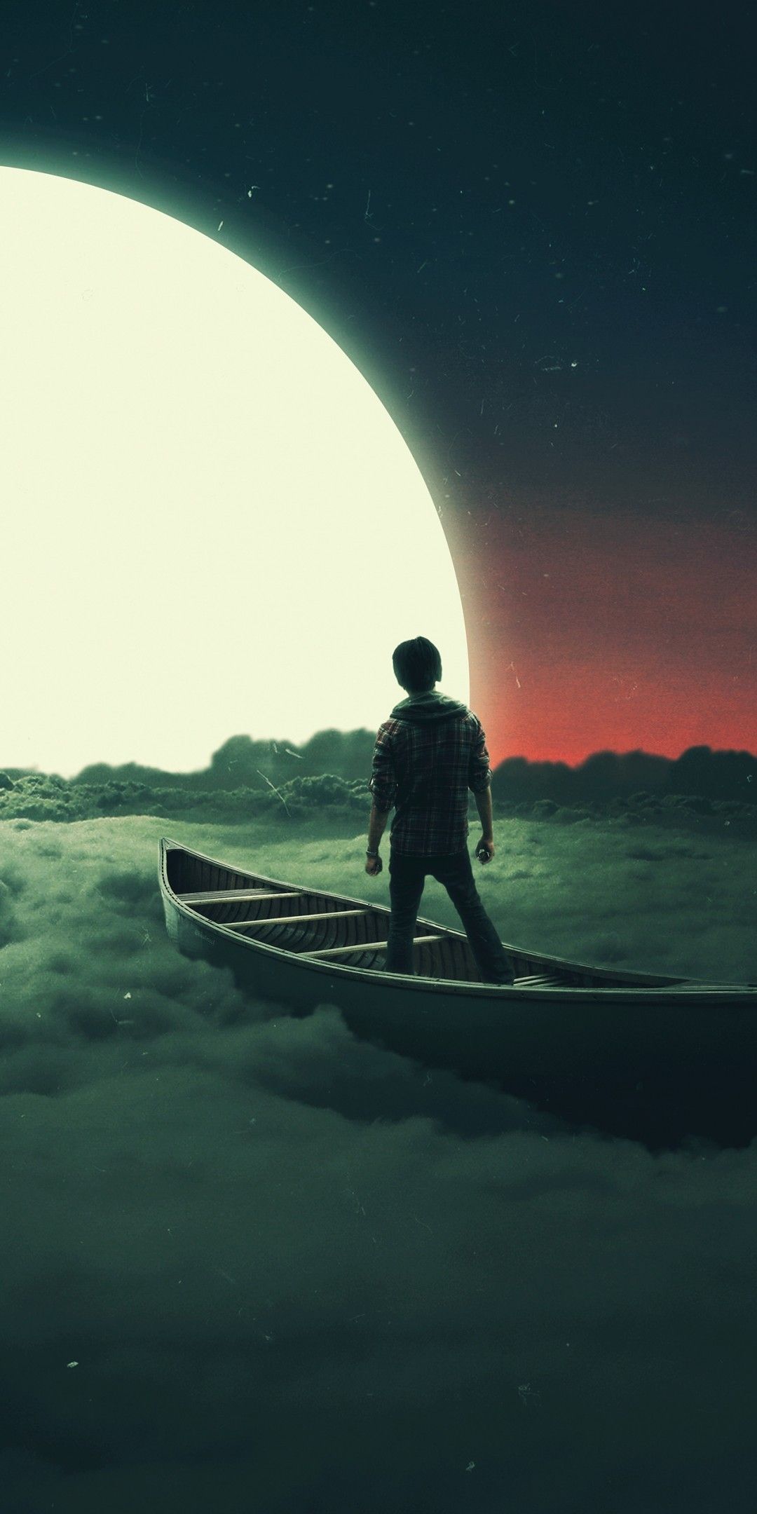 Download 1080x2160 Boy, Beyond The Clouds, Moon, Surrealism, Boat, Dreamy Wallpaper for Huawei Mate 10