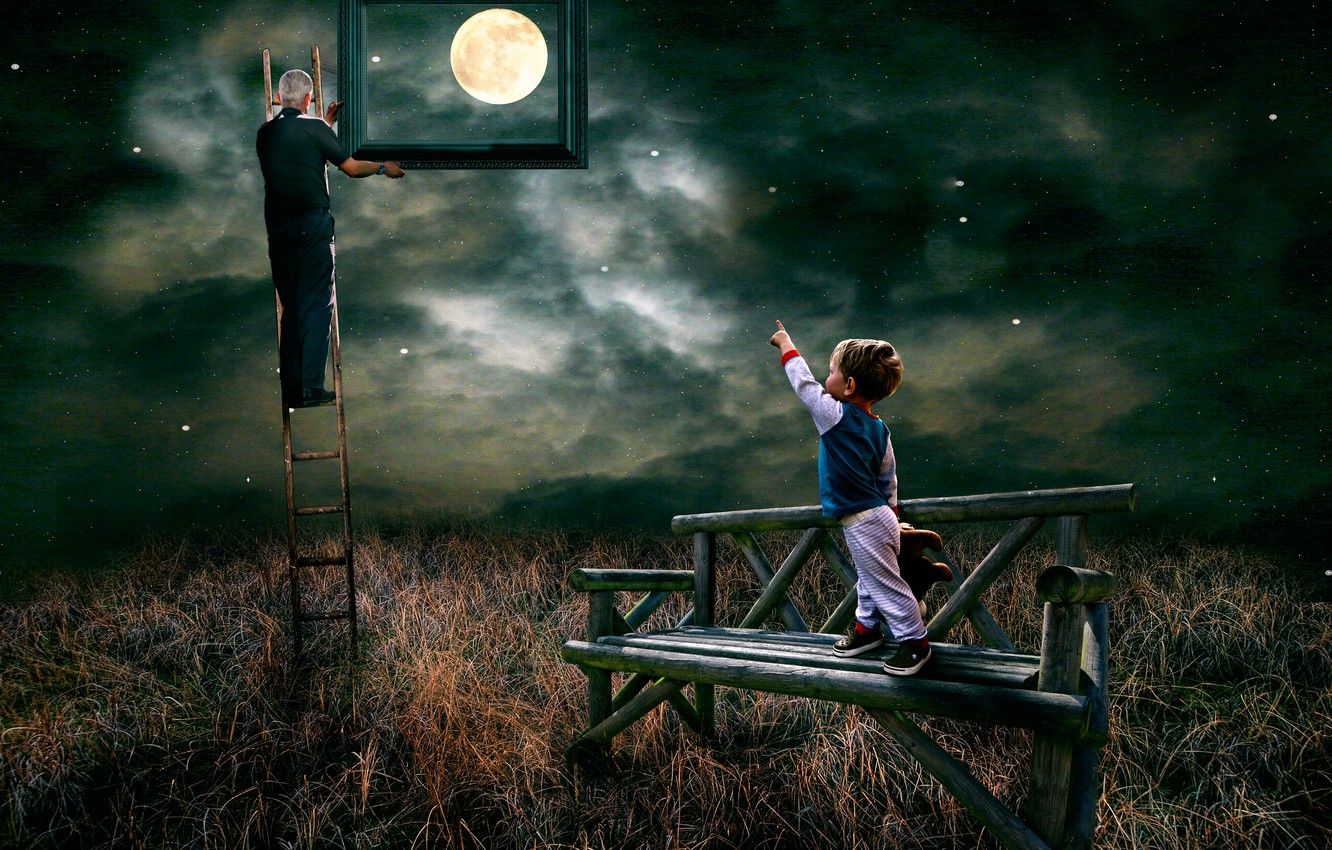 Wallpaper the moon, stars, boy, Look garndad you have caught the moon for me image for desktop, section рендеринг