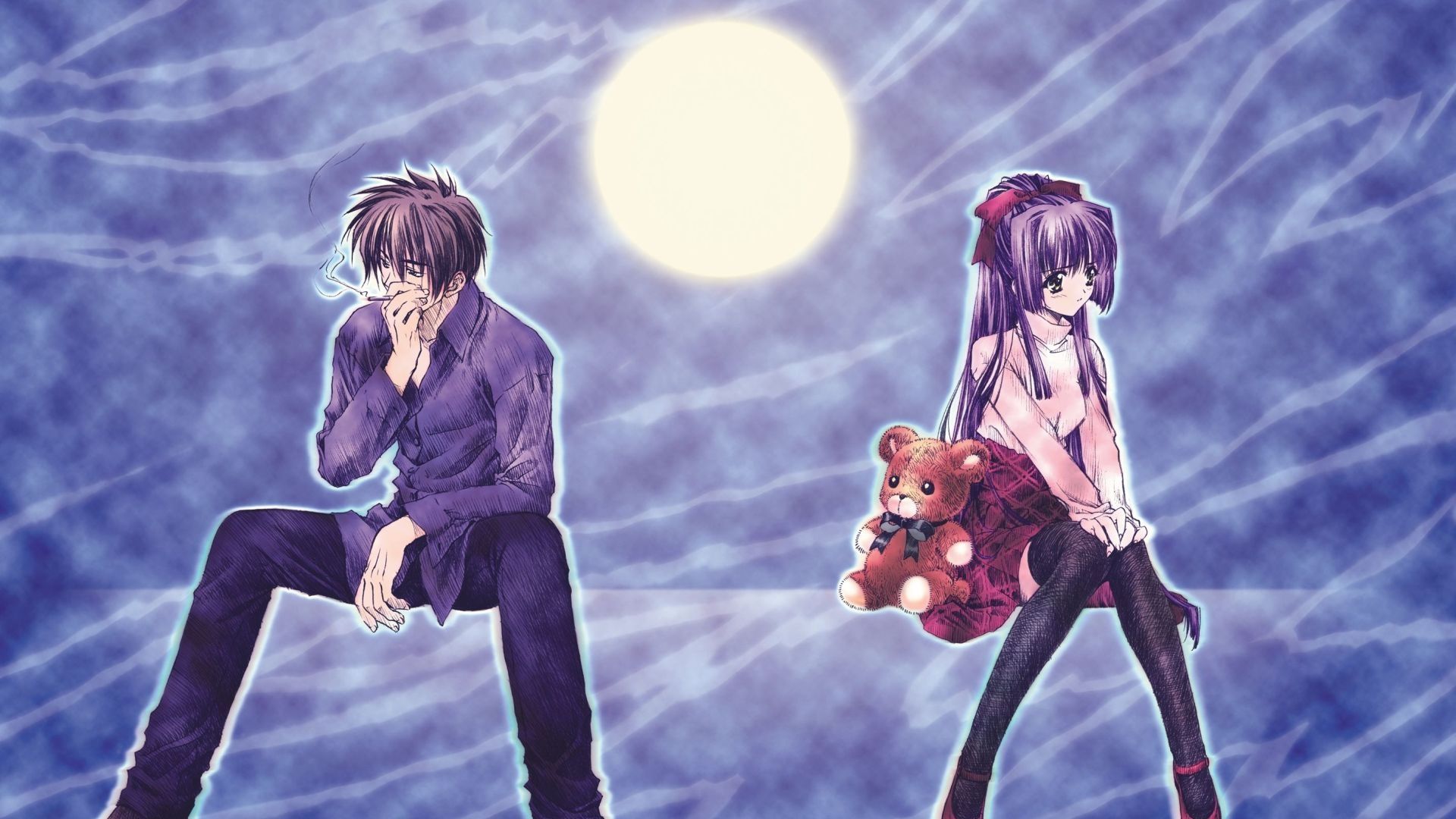 Wallpaper boy, girl, cigarette, moon