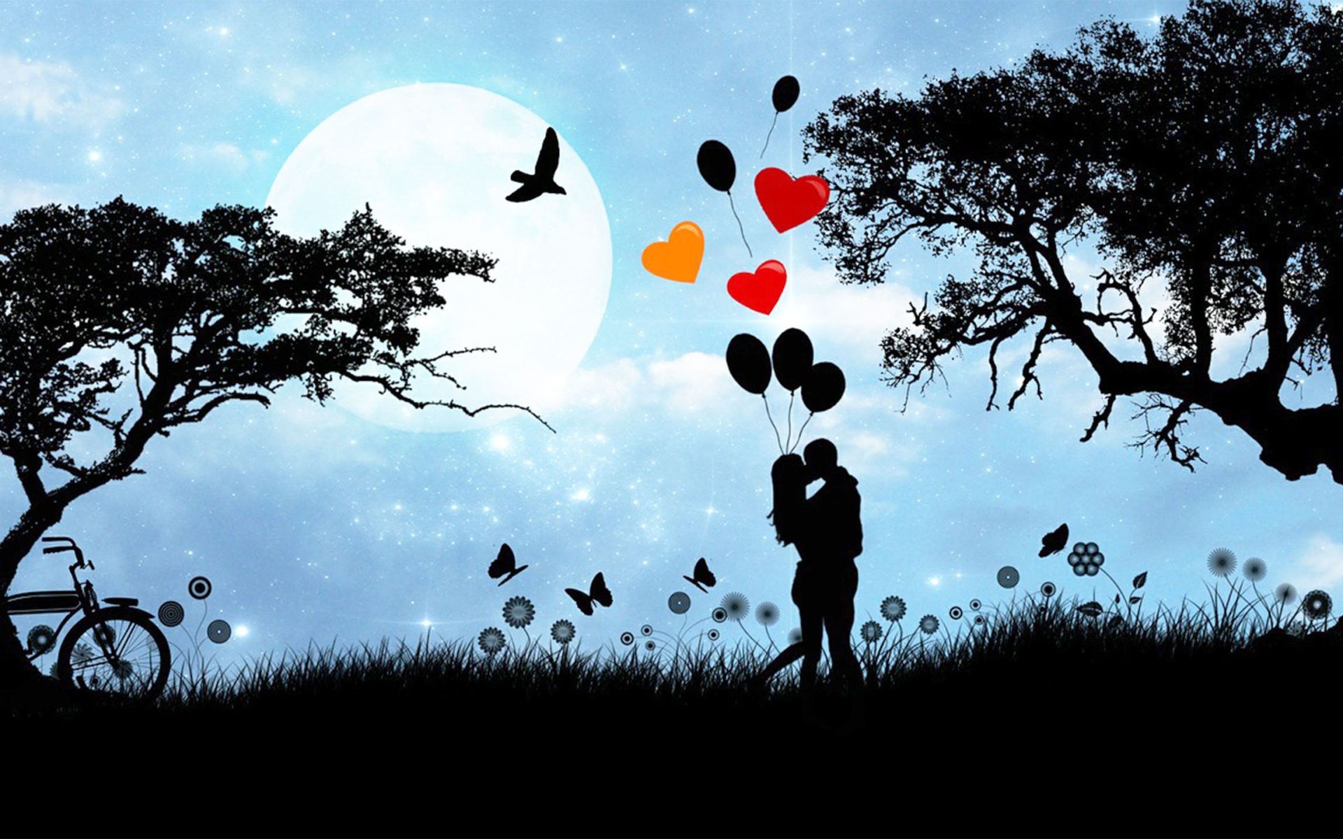 Boy and Girl Kiss Embrace Romantic Moon Balloon Heart Wallpaper HD, Wallpaper13.com