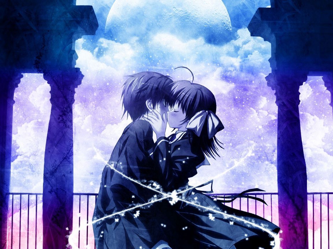 Download wallpaper 1152x864 boy, girl, tenderness, kiss, moon standard 4:3 HD background