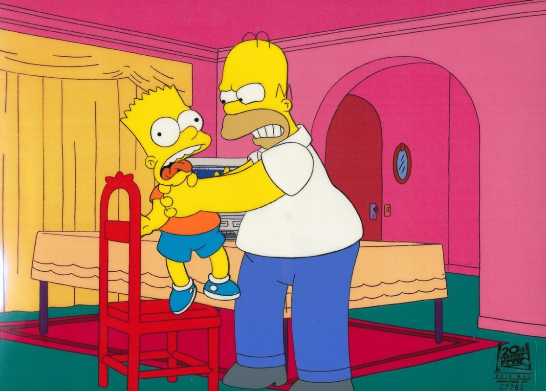 Simpsons Production Cel Strangling Bart, in Matt Driscoll's Comic Art Gallery Room. Comic art, Bart, Art