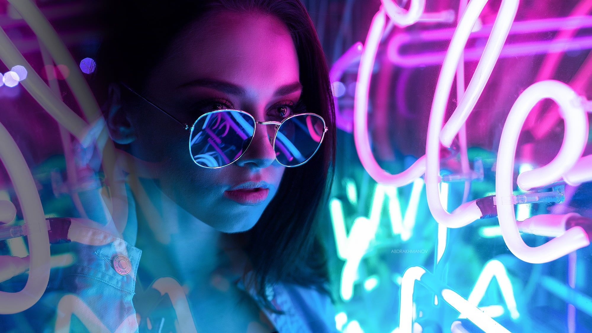 Lenar Abdrakhmanov #women #model #portrait #face women with shades looking into the distance #neon neon lights P #wallpa. Dance music, Club dance music, Neon