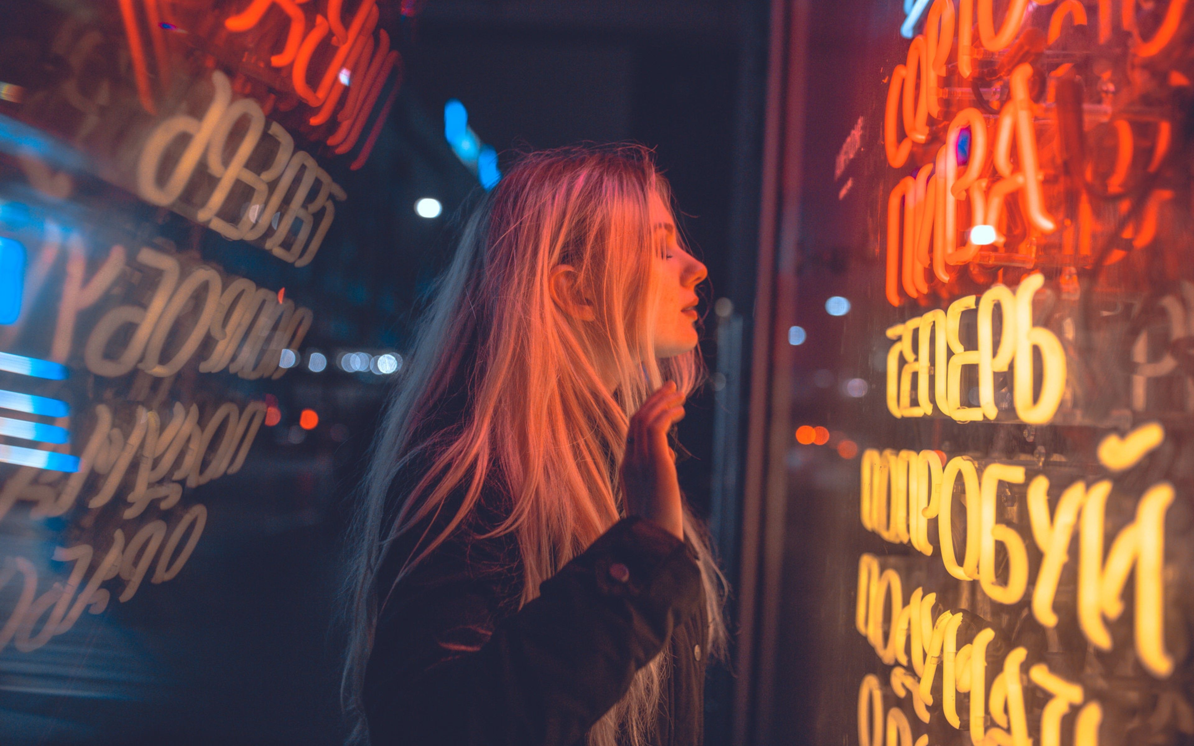 Women Reflection Blonde Long Hair Neon 4k 4k HD 4k Wallpaper, Image, Background, Photo and Picture