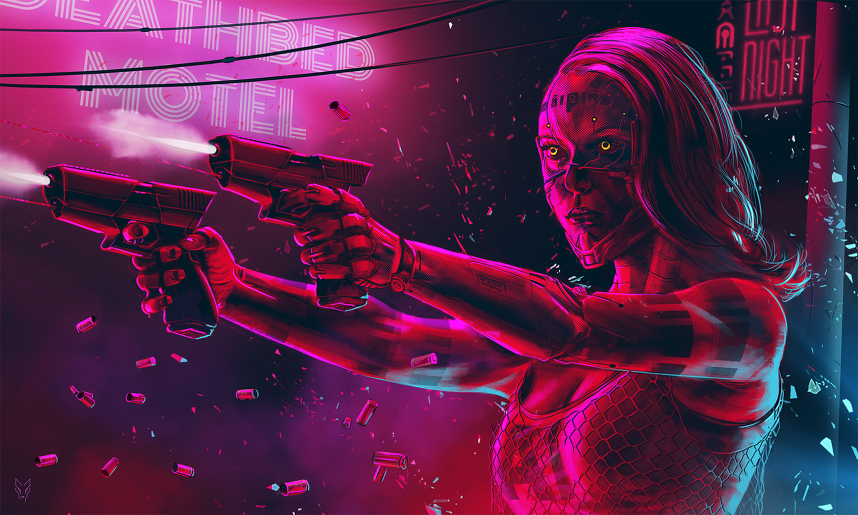 Title Sci Fi Cyberpunk Woman Cyborg Neon Pistol Illustration HD Wallpaper