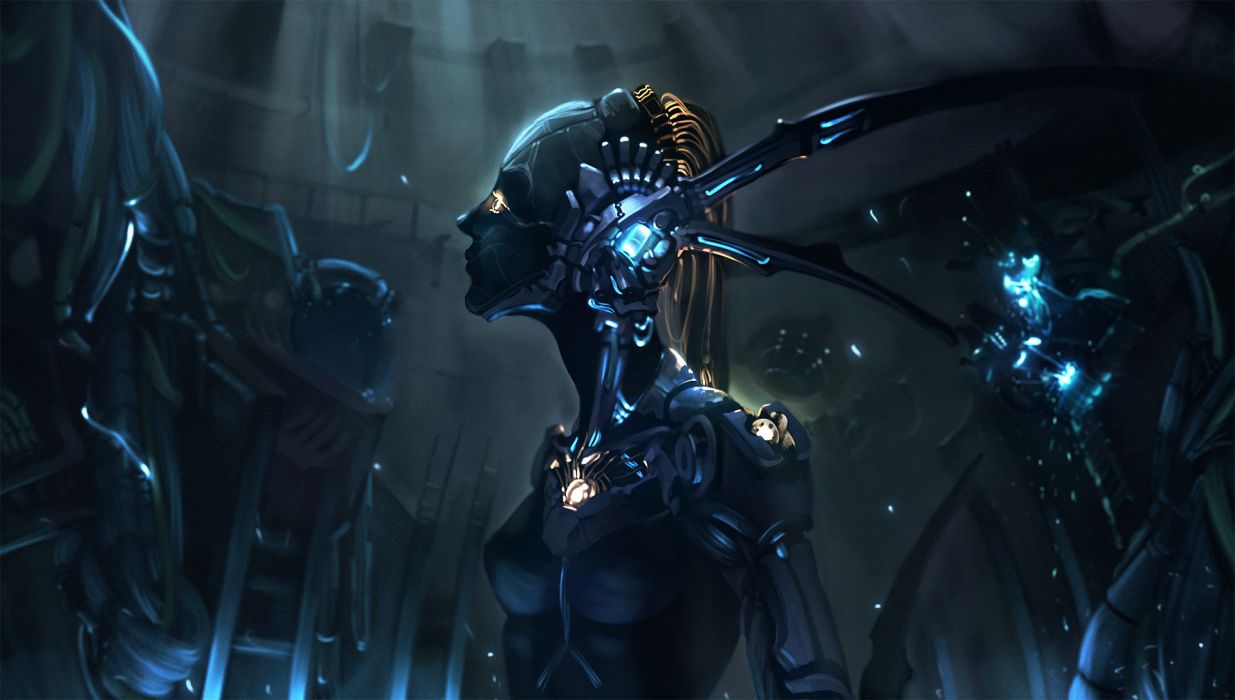 Sci Fi Tech Mech Mecha Robots Cyborg Neon Lights Dark Women Females Girls Sensual Cg Digital Artistic Art Eyes Wallpaperx1088