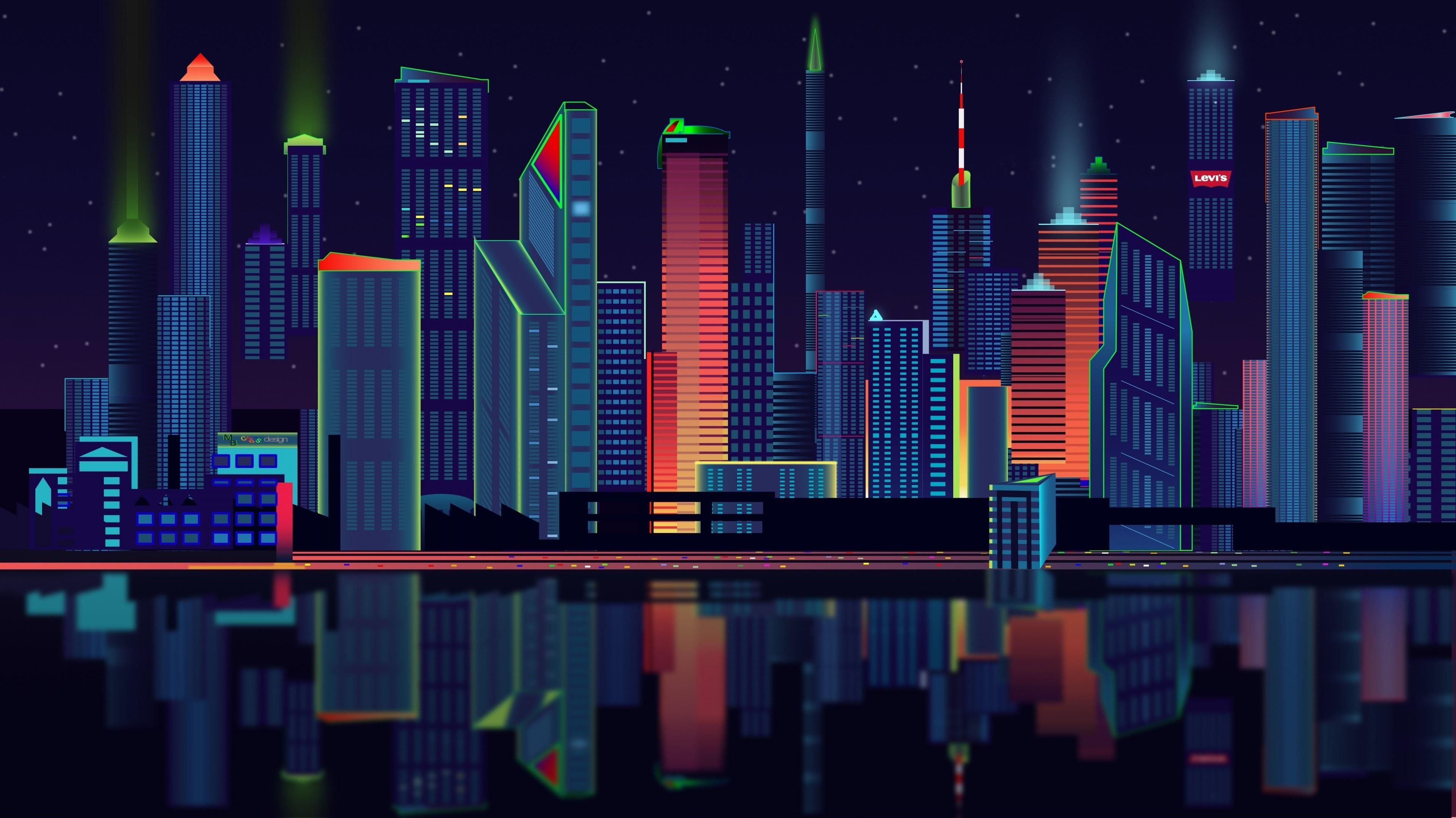 tower block city lights night sky #reflection retro style retrowave art #downtown #retrowave #neon #line #cityscape #night r. City vector, HD wallpaper, Wallpaper