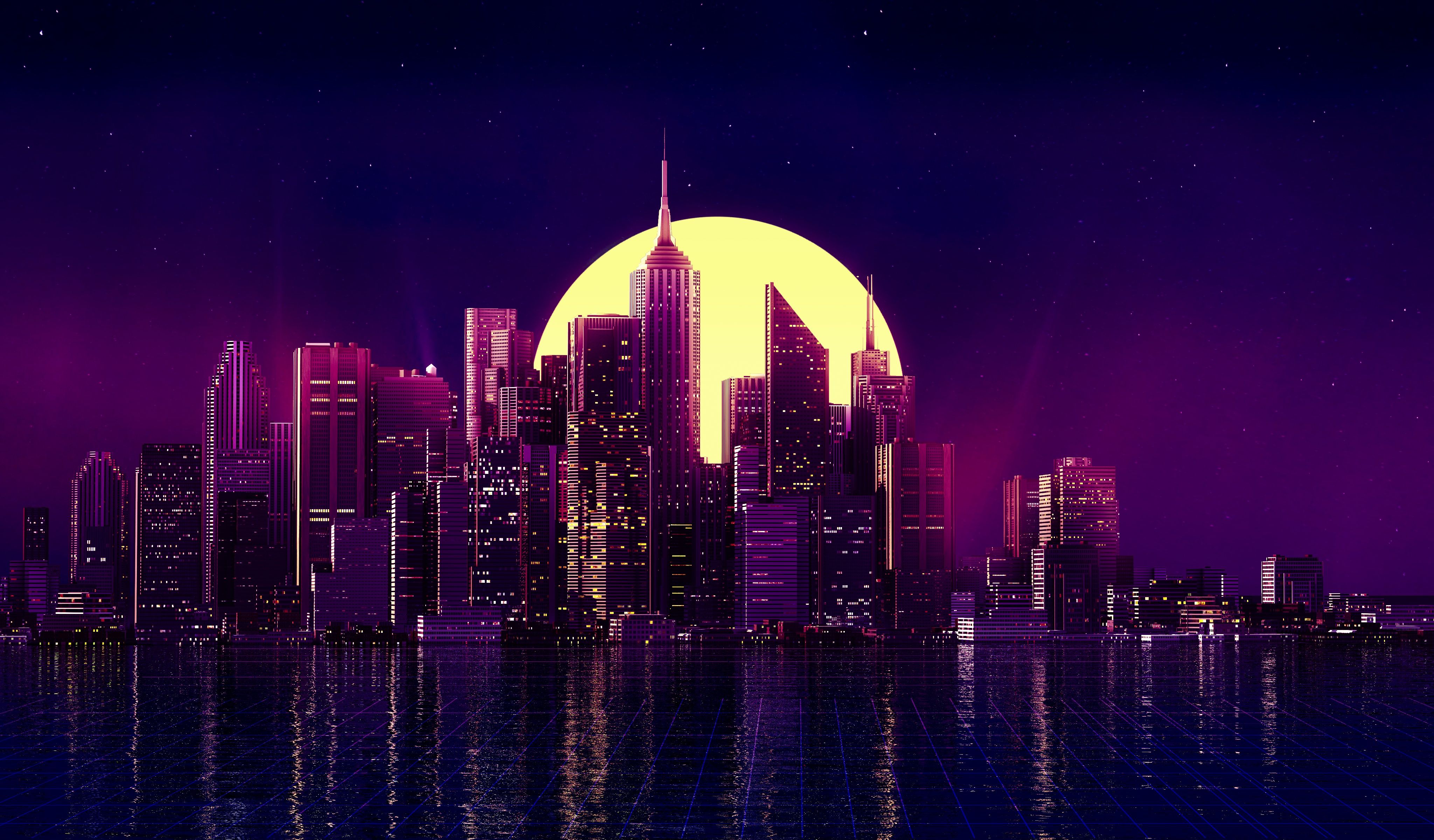 Building City Moon Night Purple Reflection Retro Wave Skyscraper wallpaperx2400