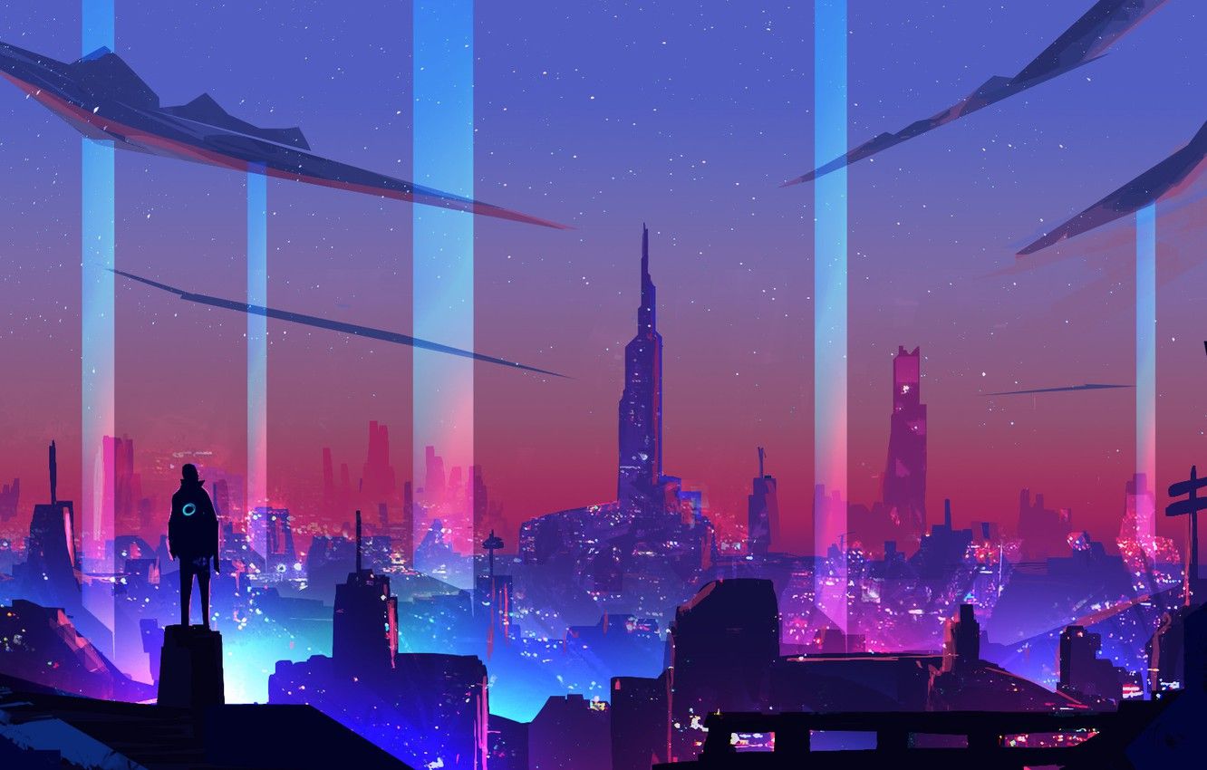 Wallpaper Night, The city, Style, City, Fantasy, Art, Style, Neon, Illustration, Surreal, Cyberpunk, Synth, Environments, Retrowave, Synthwave, Futuresynth image for desktop, section арт