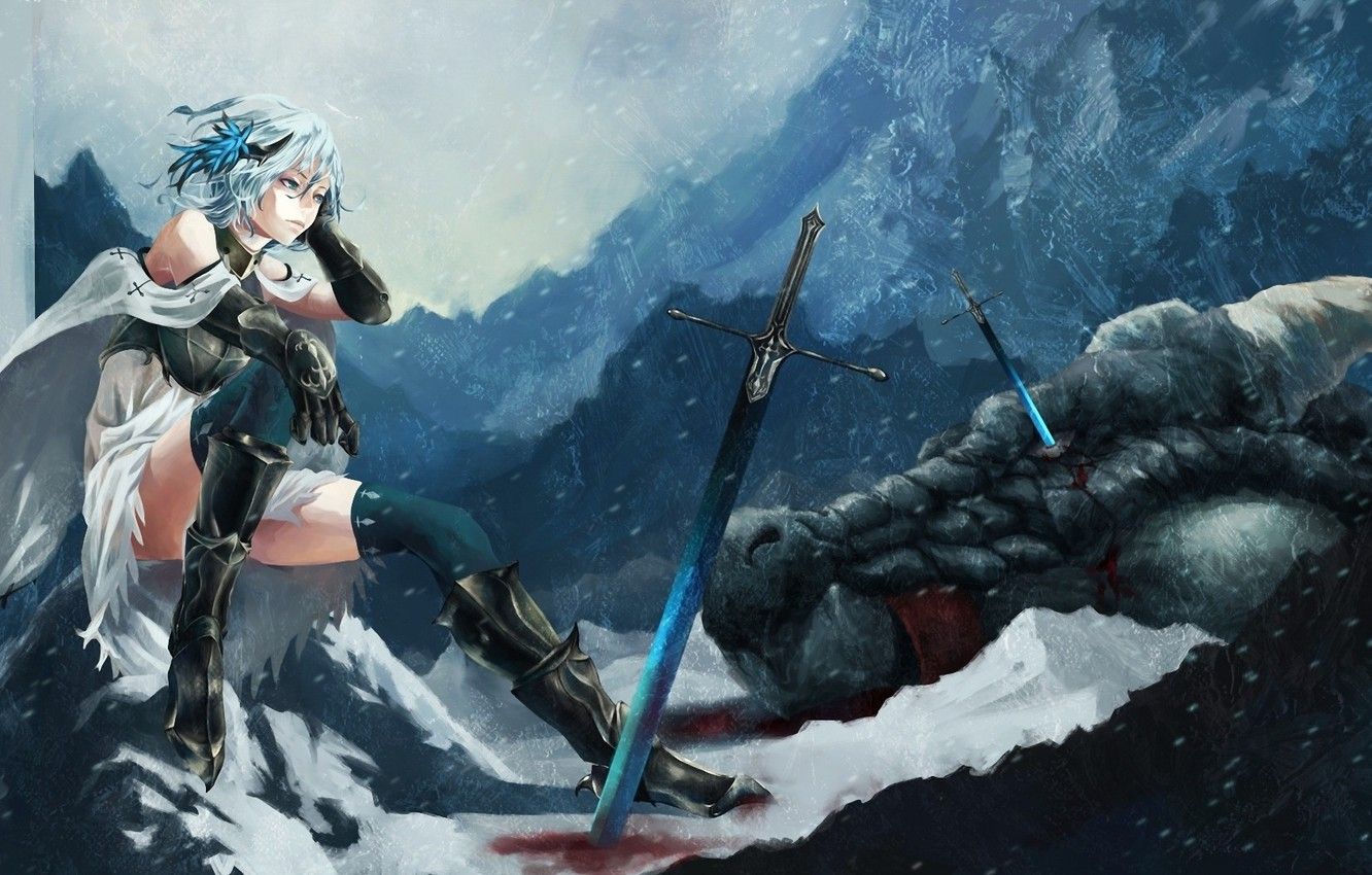 Wallpaper snow, Anime, swords, fetti image for desktop, section прочее