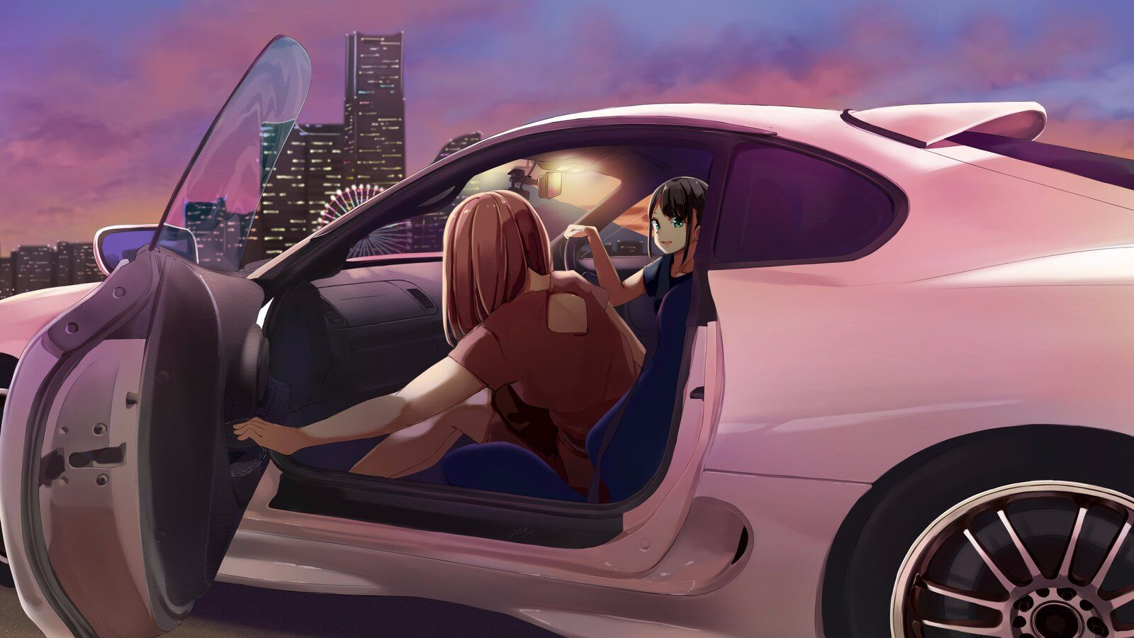 Anime Girls Sitting In Car 4k 1600x900 Resolution HD 4k Wallpaper, Image, Background, Photo and Picture